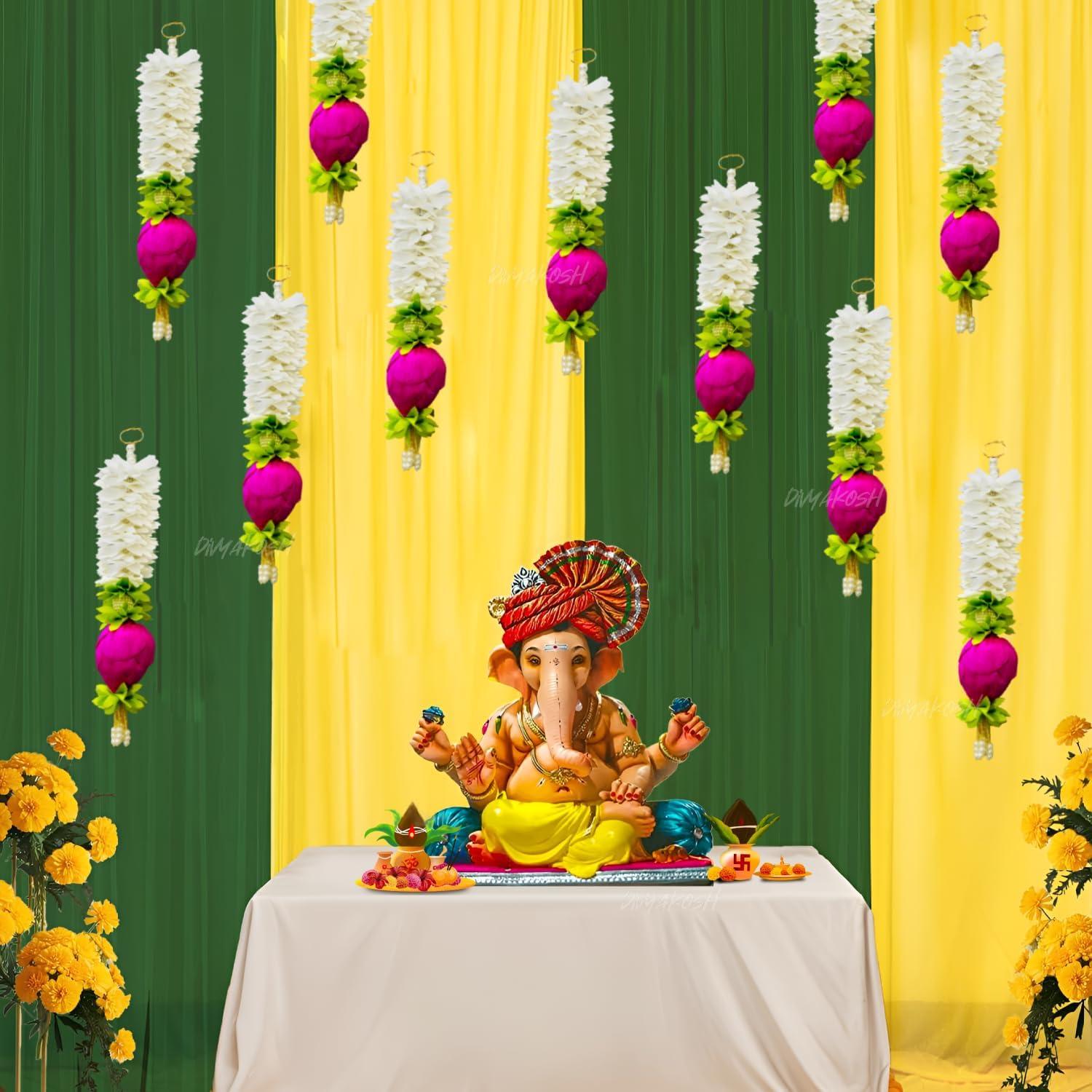 Divyakosh Lotus Hanging Gajra Set of 8 | Small 10 Inch Off-White Fabric Floral Wall Hangings | Temple & Pooja Room Decoration Items | Backdrop Decor for Festivals & Diwali