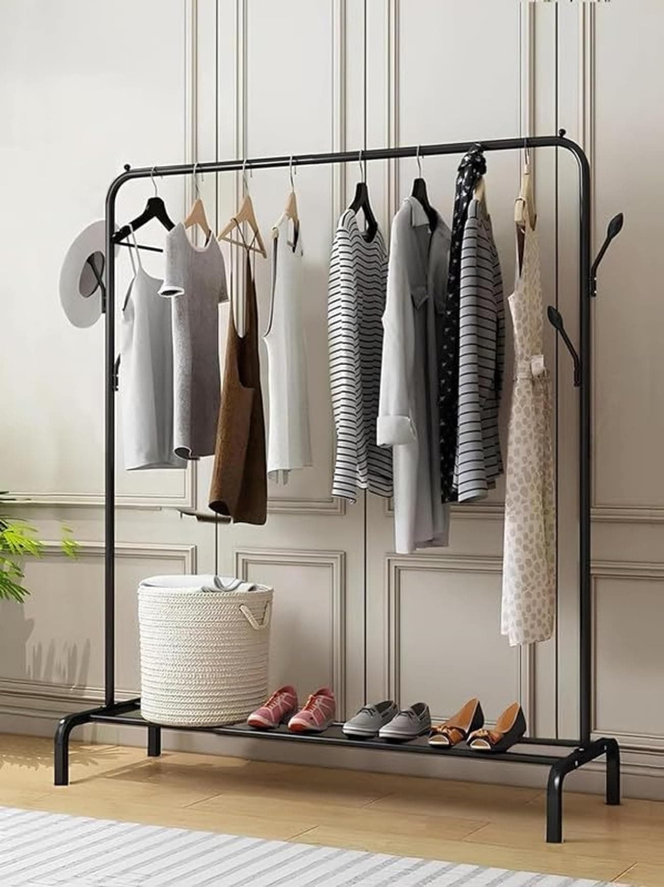 Lukzer | Freestanding Metal Cloth Stand with Bottom Storage Shelf & Coat Hanger | Heavy-Duty Garment Rack for Bedroom, Laundry, Entryway & More | Black | 40 x 110 x 148 cm | Model No. MGS-001
