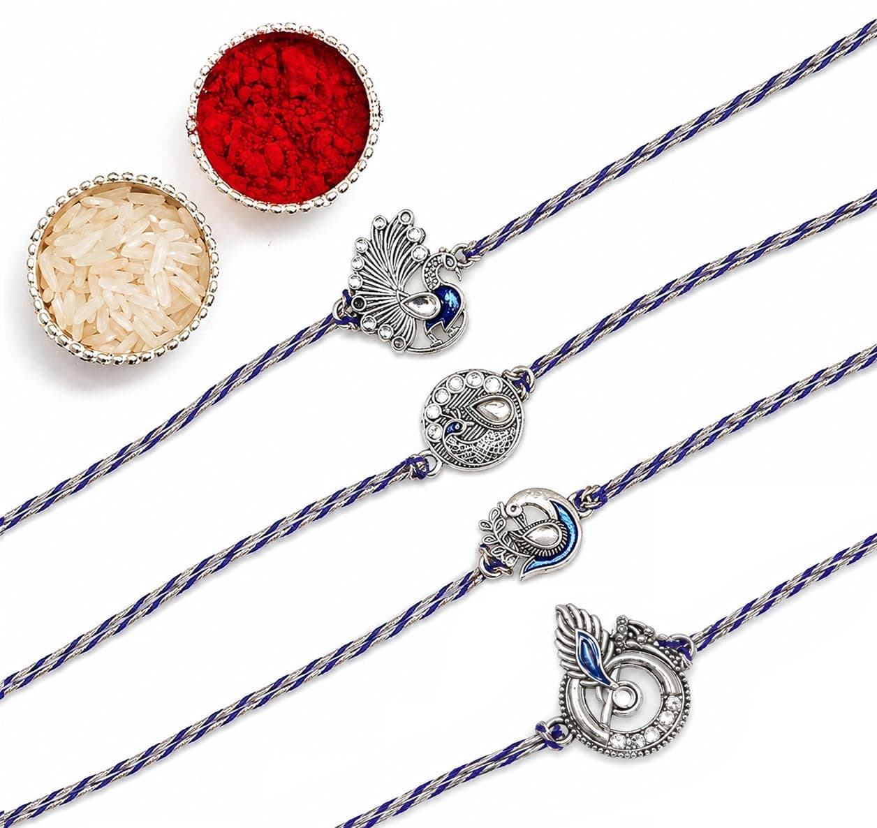 The Purple Tree Meenakari Peacock Rakhis For Brother with Roli Chawal and Card (Pack of 4) Rakhi for bhai, Rakshabandhan Gift for brother, Rakhi Gift