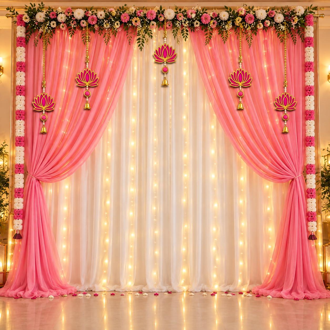 Shimmers Decoration Kit Set Of 10 Pcs with Hanging Curtains for Diwali, Ganpati, Pooja, Wedding, Birthday & Festival Home Decoration,Navratri,Pooja Pink & White Party Decor