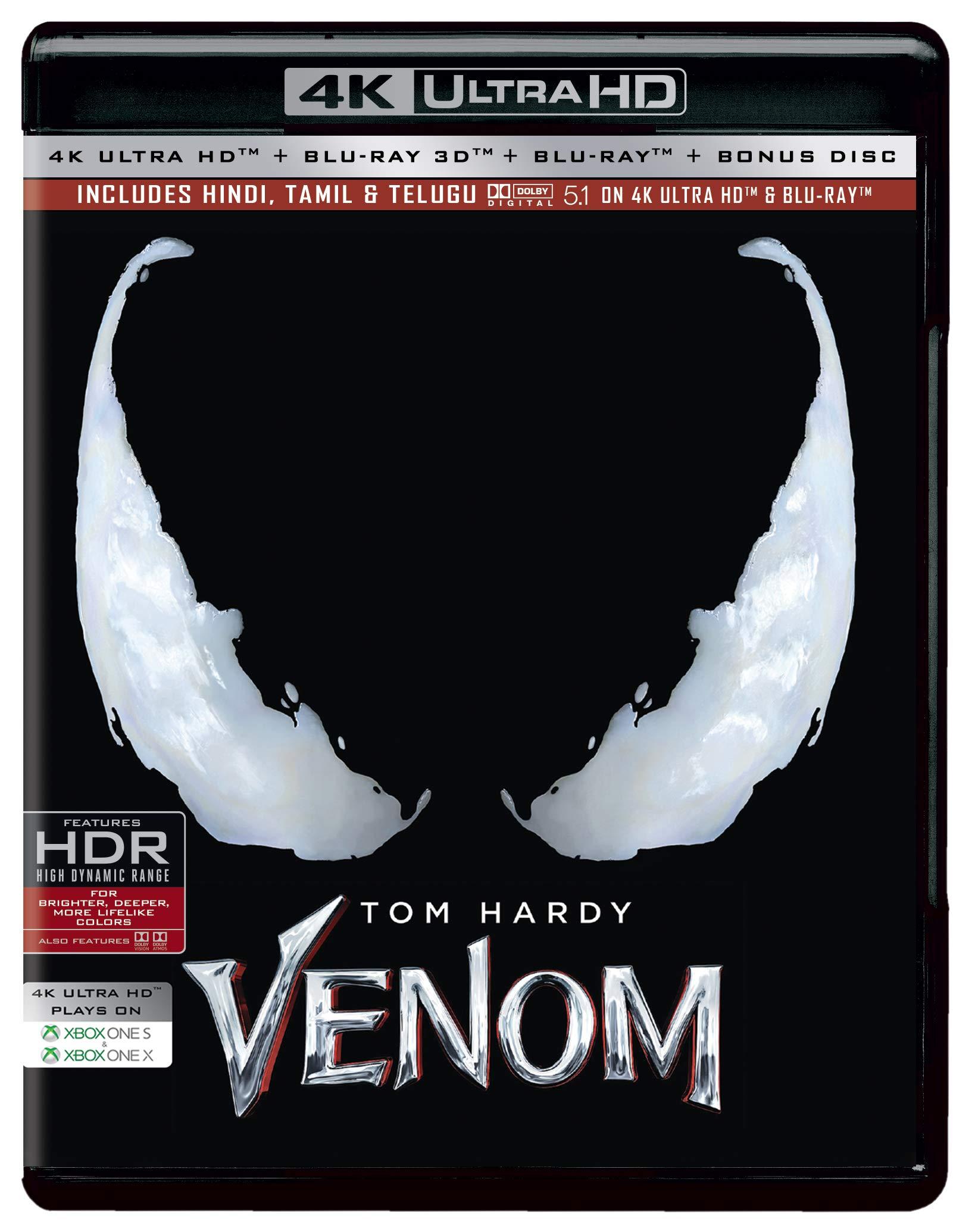 Venom (2018) (4K UHD + Blu-ray 3D + Blu-ray + Bonus Disc) (4-Disc) - Includes Dolby Atmos, Dolby Vision & HDR10 only on 4K Ultra HD | Also incl. Hindi, Tamil, Telugu in DD 5.1 on 4K UHD & Blu-ray