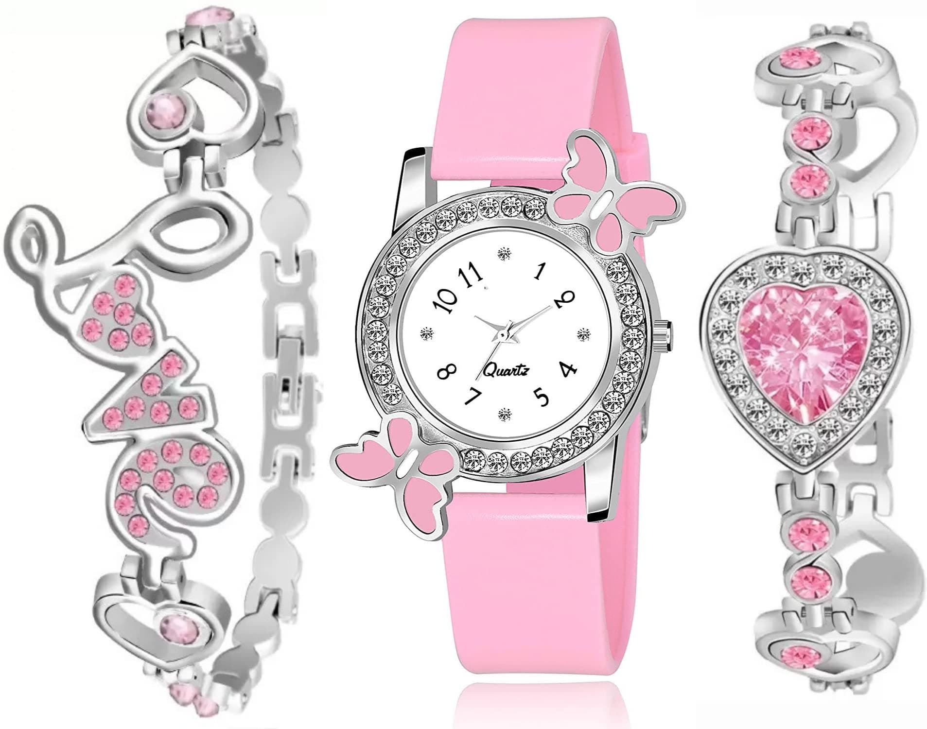 Acnos Silicone Premium White Dial Diamond Pink Analog Watch Diamond Bracelet For Girl Best Design Butterfly Combo 3 Pack Of 3, Pink Band