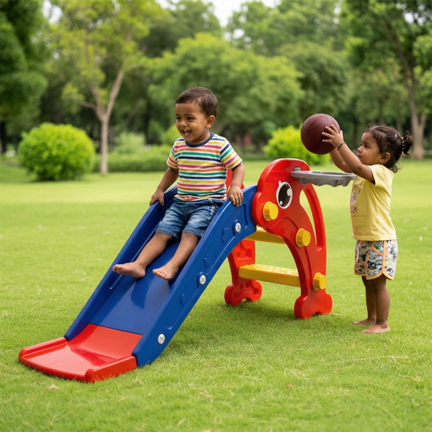 Amazon Brand – Solimo Dolphin 2-in-1 Toddler Slide with Basketball Hoop & Ball | Small | Indoor & Outdoor | Safe for Boys & Girls | Age 2+ Years | Easy Assembly | Red & Blue