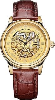 ROCOSJEWE Automatic Skeleton Watch for Men, Luxury Gold Dial Self-Winding Mechanical, Waterproof Leather Strap, Classic Business & Wedding Gift R0106