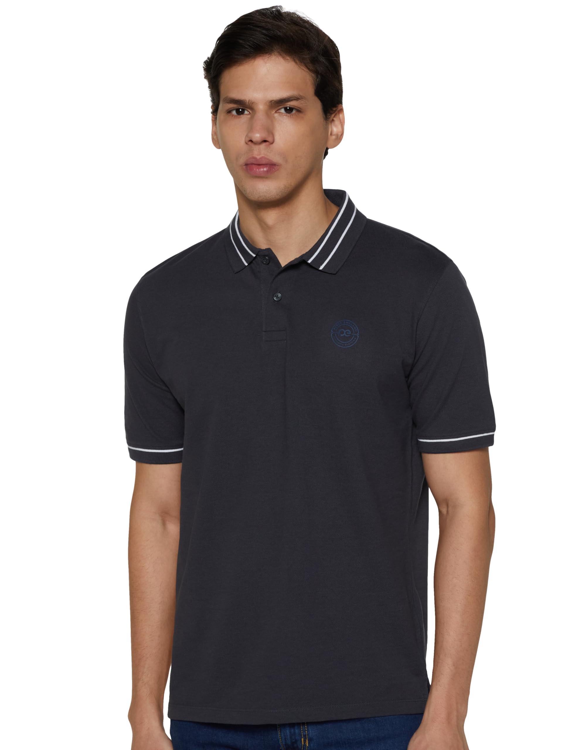 Peter England Men's Regular Fit Branded Insignia Half Sleeve Polo T-Shirt | Cotton Rich | Premium Pique Weave Grey