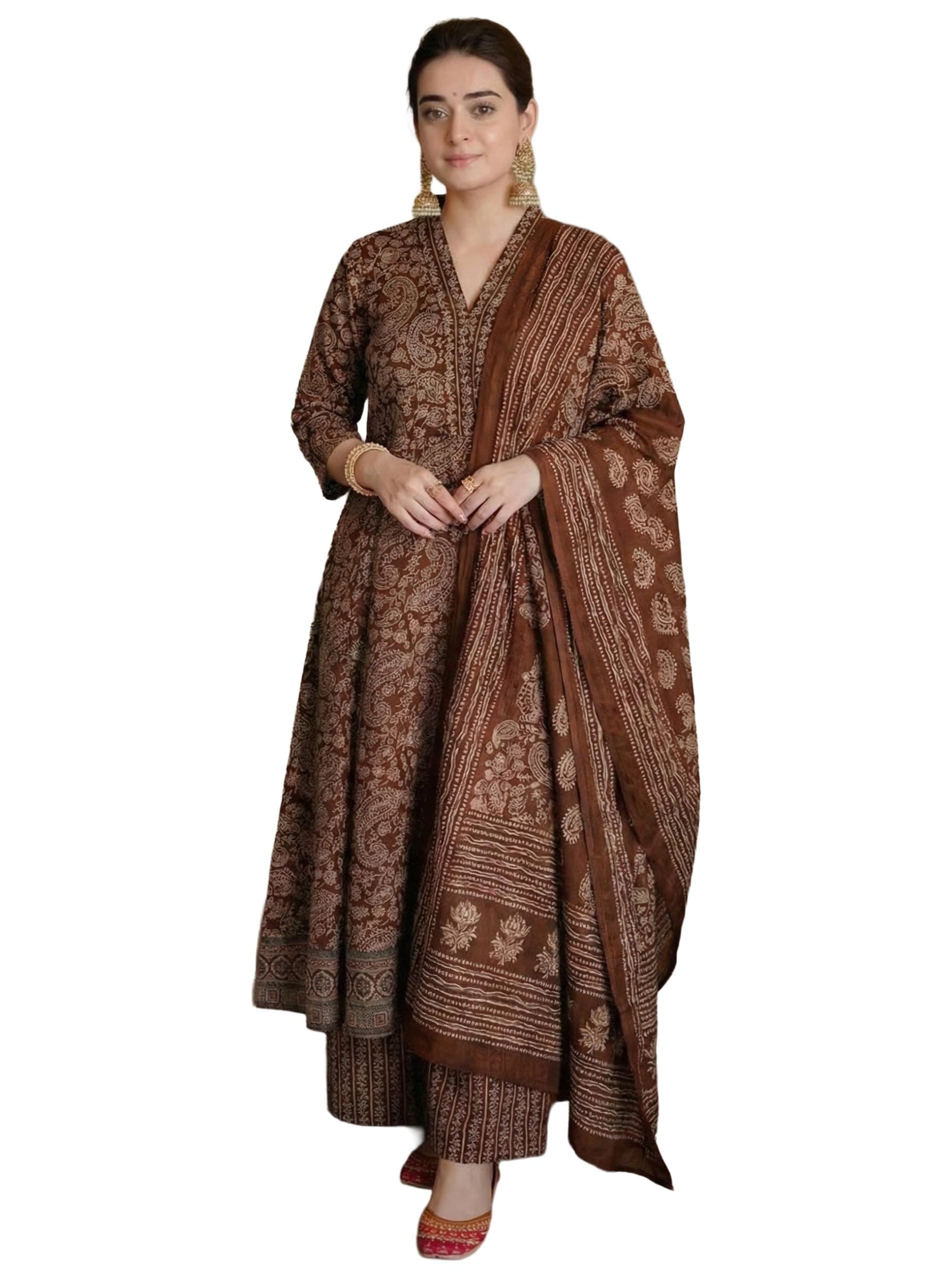 ANNI Designer Women's Viscose Blend Printed Anarkali Kurta with Palazzo & Dupatta (Kanaga Brown_XL_Brown_X-Large)