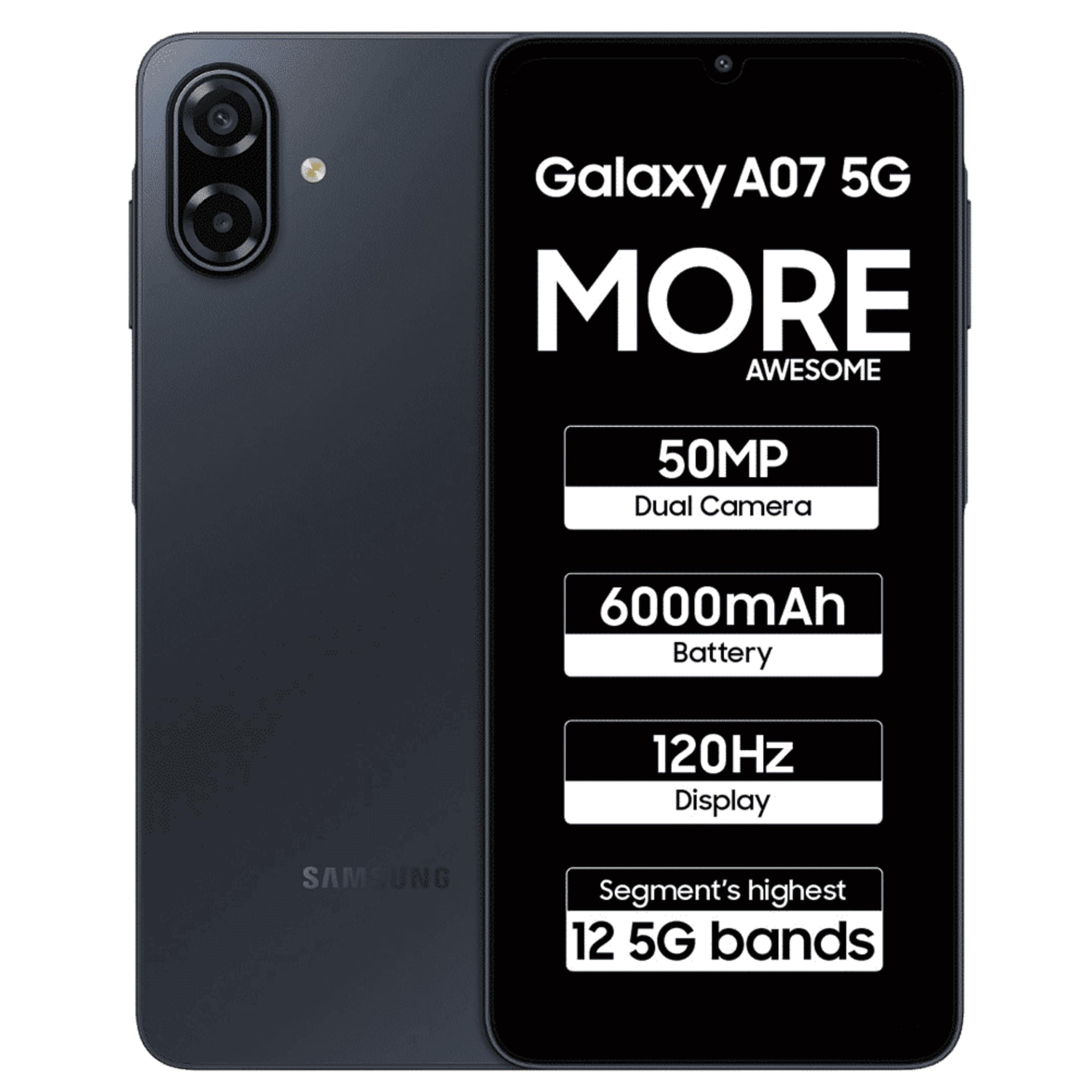 Samsung Galaxy A07 5G (Black, 6GB RAM, 128GB Storage) | 6.7 inch HD+ 120Hz Display | MediaTek Dimensity 6300 | 50MP + 2MP Rear Camera | 6000 mAh Battery