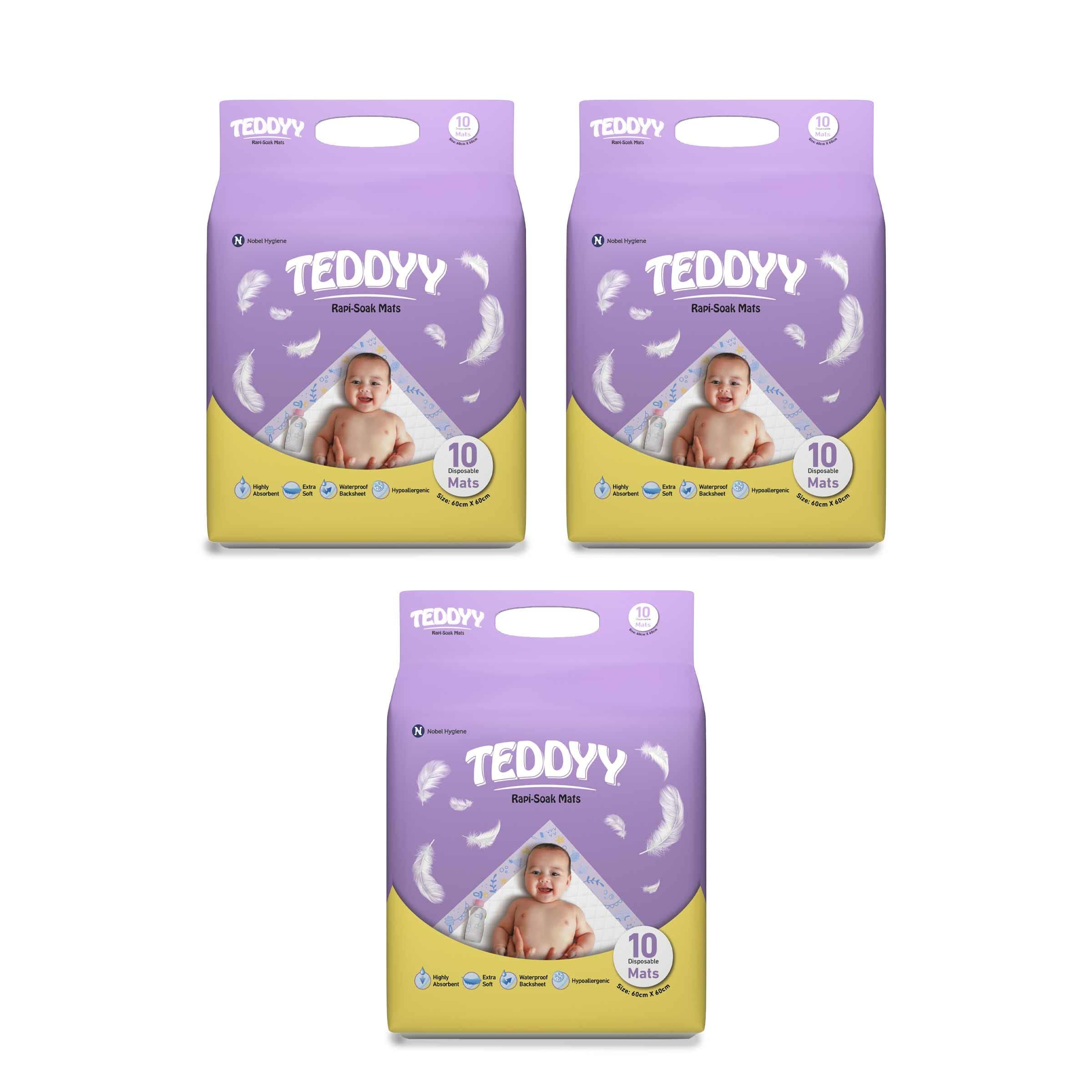 TEDDYY Baby Disposable Rapi-Soak Mats Size - 60 X 60 Cm | 30 Count | Highly Absorbent | Unisex | Anti-Rash | Extra Soft top layer | Anti-Bacterial & Leak- Proof