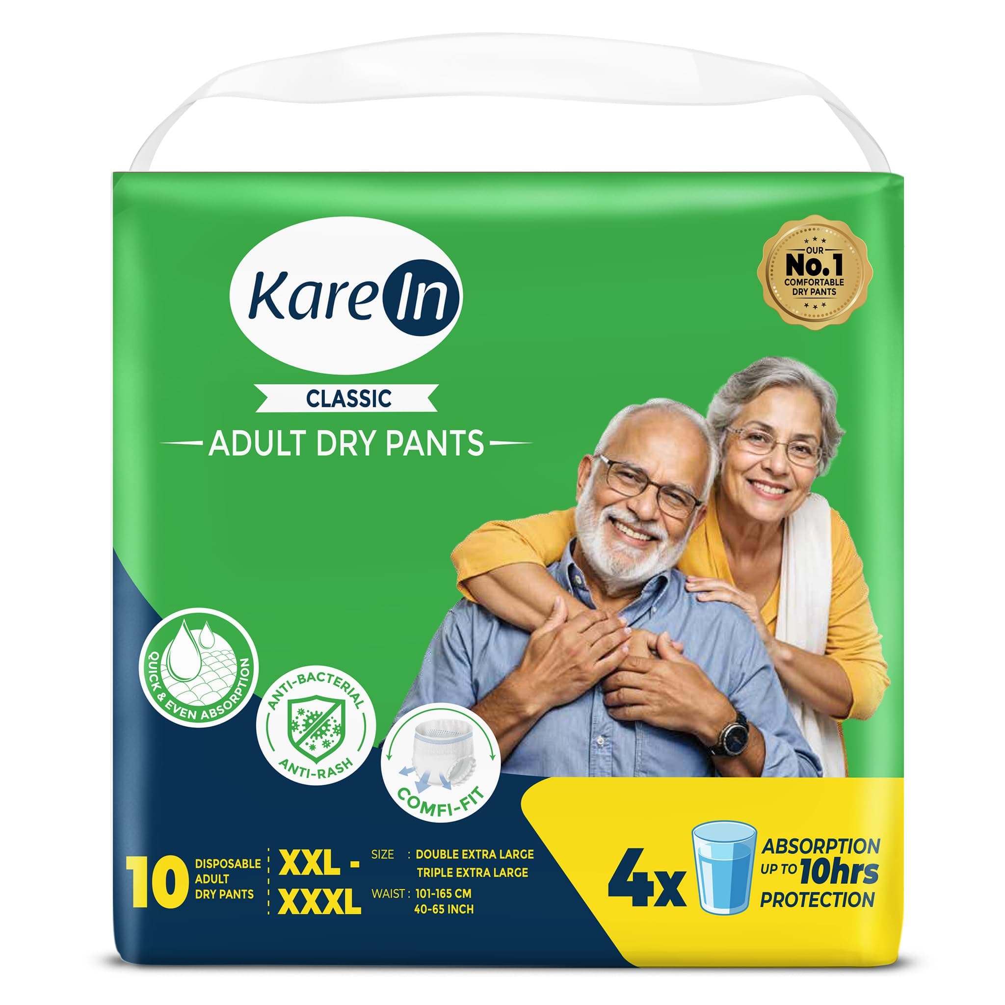Karein Classic Adult Diaper Pant XXL-XXXL Size, Waist (101-165 cm 40-65"), 10 Unit, Long Protection Hour, Unisex, Quick & Even Absorption, Anti-Bacterial, Leakproof, Odour Control, Wetness Indicator