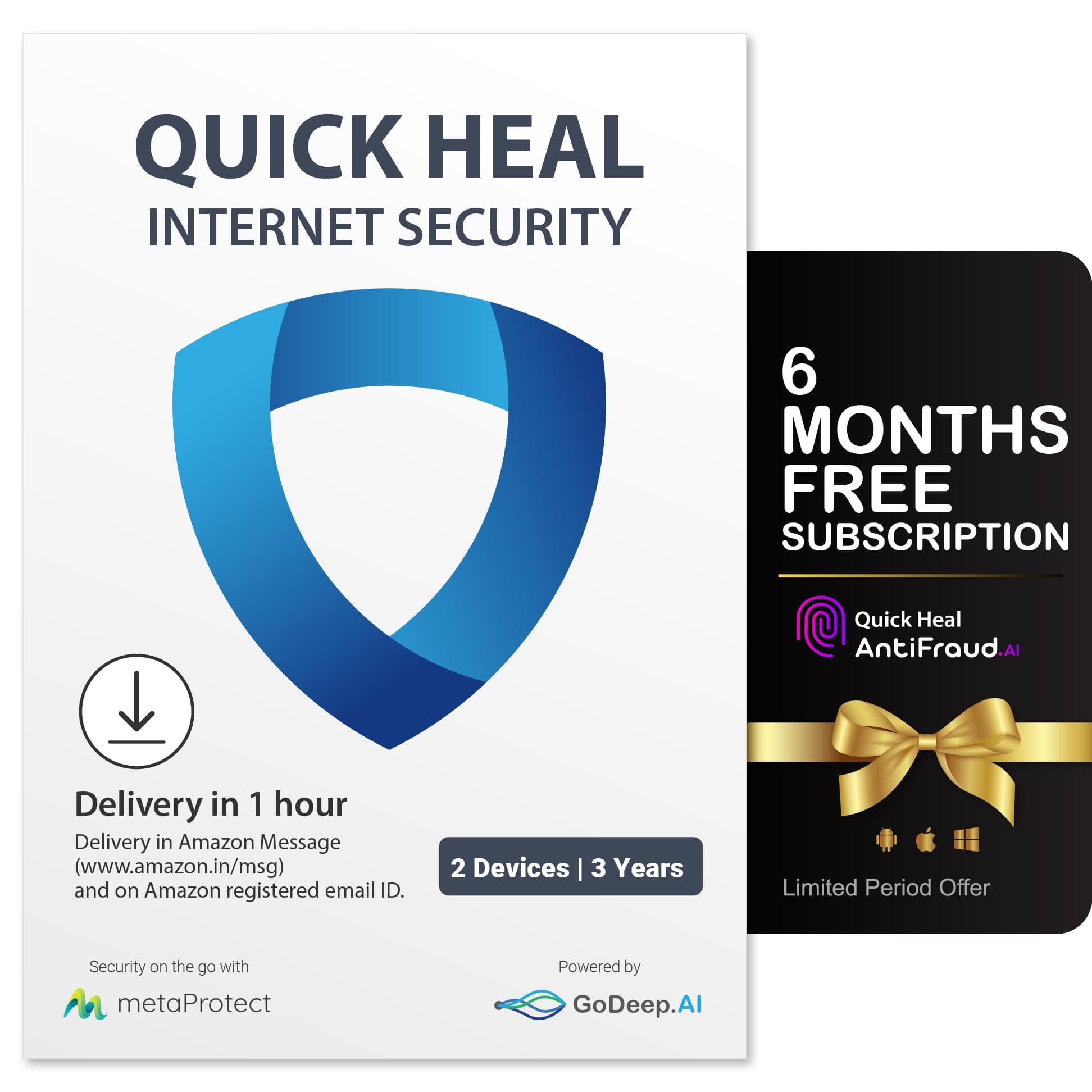 Quick Heal Internet Security | Windows PC/Laptop | 2 User, 3 Year | Banking and Online Protection | Email Delivery in 1 hr |+ 6 month AntiFraud.AI for IOS/Android