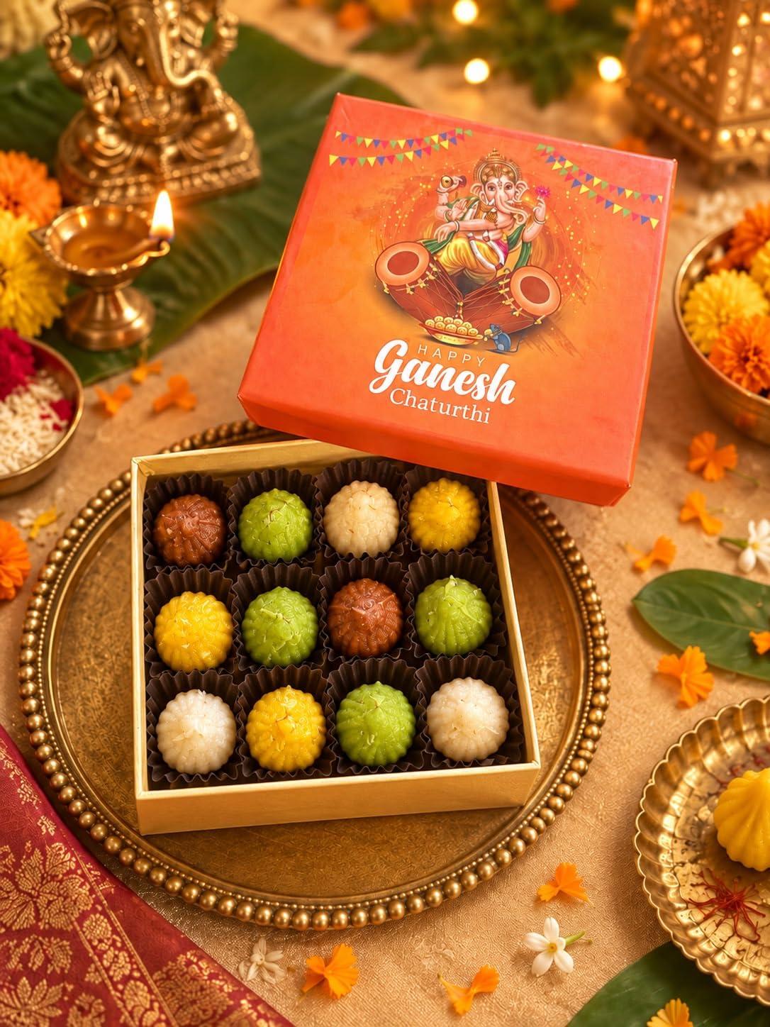 Ghasitaram Gifts Ganesha Chaturthi Gifts Ganpati Box of Pure Kaju Assorted Modaks