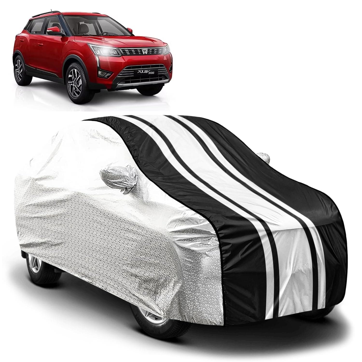 Fabtec Waterproof Car Body Cover for Mahindra Xuv 300 with Mirror Pocket and Soft Cotton Lining, Bottom Elastic, Triple Stitched (Metallic Silver with Black Stripes)