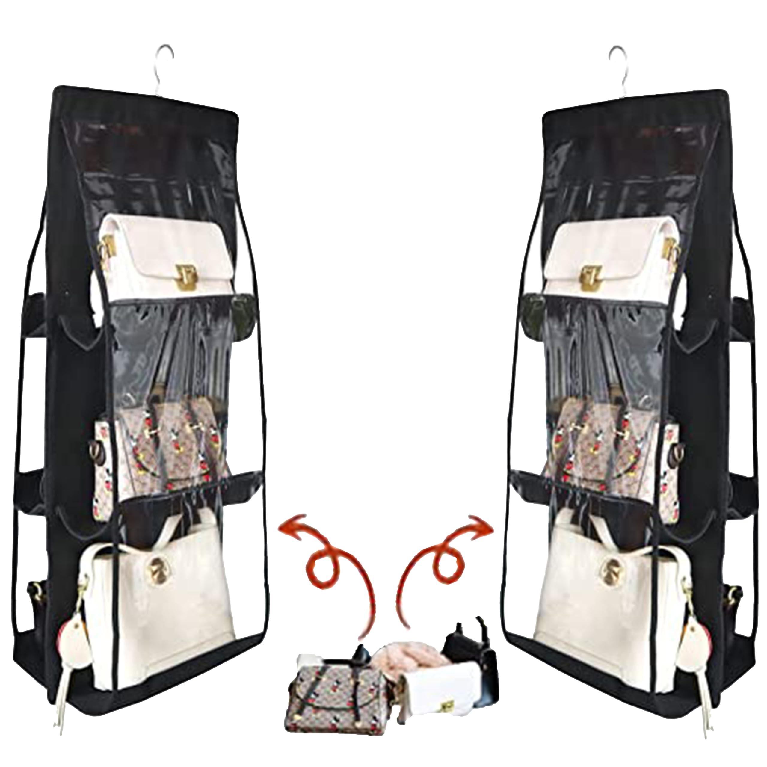FAB ELLITE Handbag Hanging Organizer | Pack of 2 Foldable Purse Storage Bags with 6 Large Clear Vinyl Pockets | Space-Saving Closet Organizer for Ladies’ Handbags | Dustproof Wardrobe Storage Solution