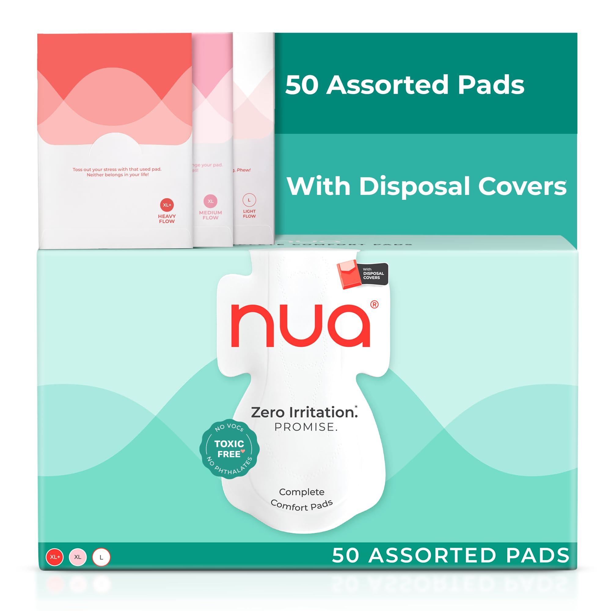 Nua Complete Comfort Sanitary Pads for Sensitive Skin | Pack of 50 Pads (12 Heavy Flow, 20 Medium Flow, 18 Light Flow) with Disposal covers | Zero Irritation | Comfortable All-Day Protection | Ultra-Thin | Super Absorbent | No rashes | 50% Wider Back | 100% Toxic-Free, Dermatologically Tested