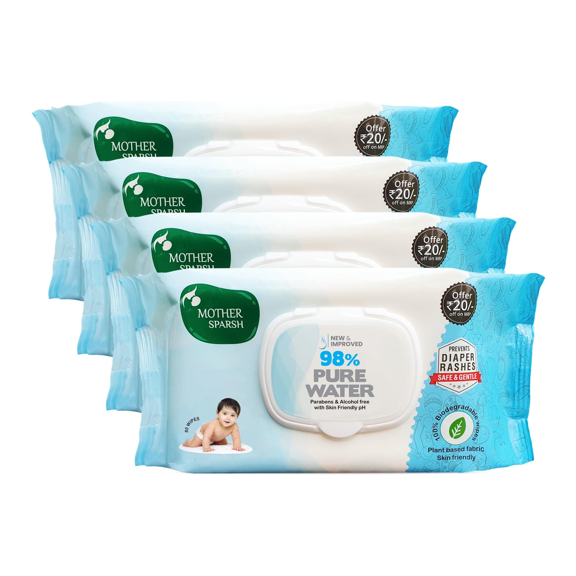 Mother Sparsh Plant Based Fabric Blue Baby Water Based Wipes (Pack of 4, 80 Pieces)