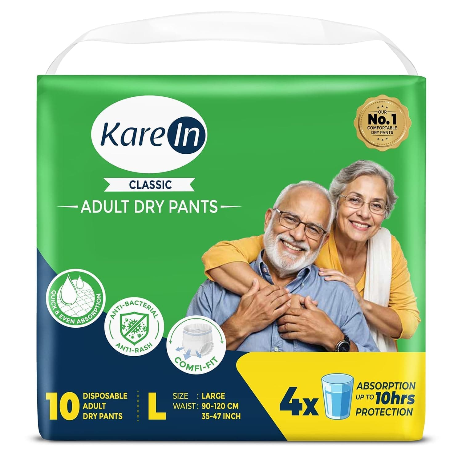 Karein Classic Adult Diaper Pant L Size, Large, Waist (90-120 cm 35'-47'), 10 Unit, Long Protection Hour, Unisex, Quick & Even Absorption, Anti-Bacterial, Leakproof, Odour Control, Wetness Indicator
