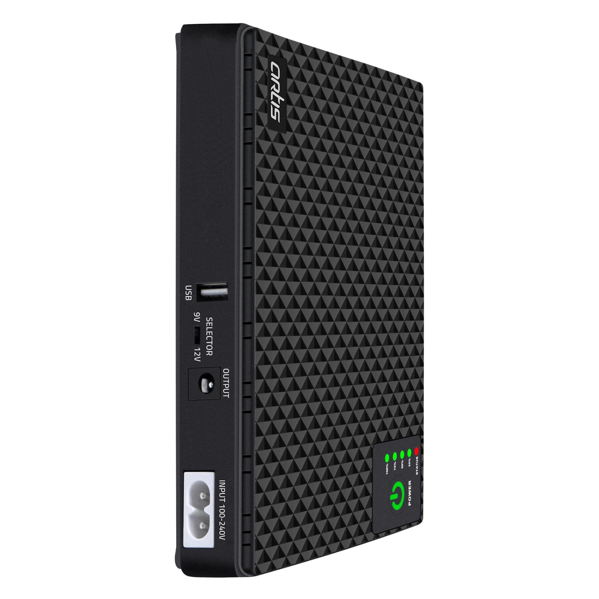 Artis AR-MINIDC-2 Mini UPS for WiFi Router/Modem/Set top Box Devices. 8800mAh Battery Supports 9V/12V-1A/1.5A/2A Routers. USB Port for Phone Charging, Battery Level Indicators. BIS Certified