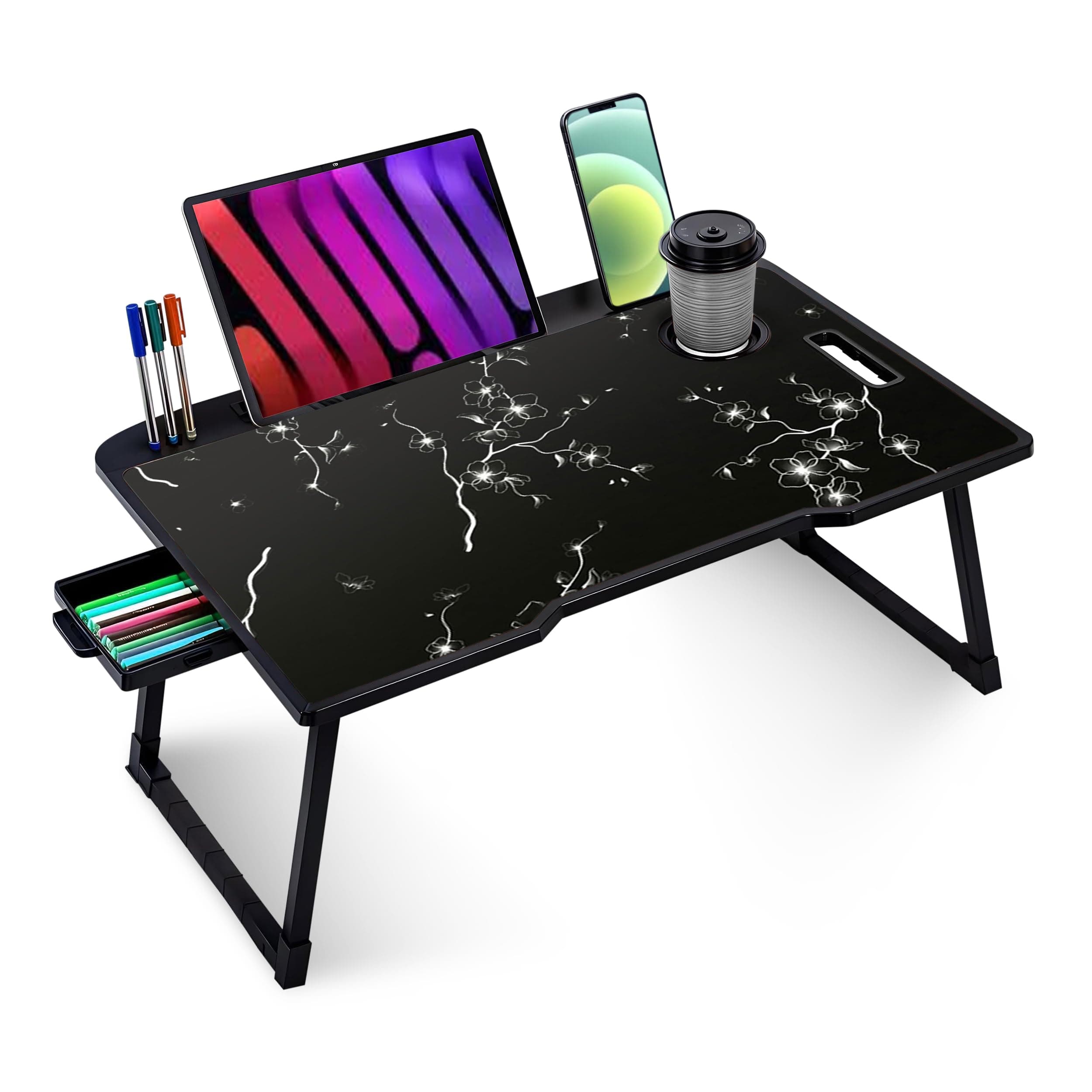 TEKCOOL Smart Multipurpose Foldable Laptop Table with Cup Holder, Study Table, Bed Table, Breakfast Table, Foldable and Portable/Ergonomic & Rounded Edges/Non-Slip Legs (Flying doremon)