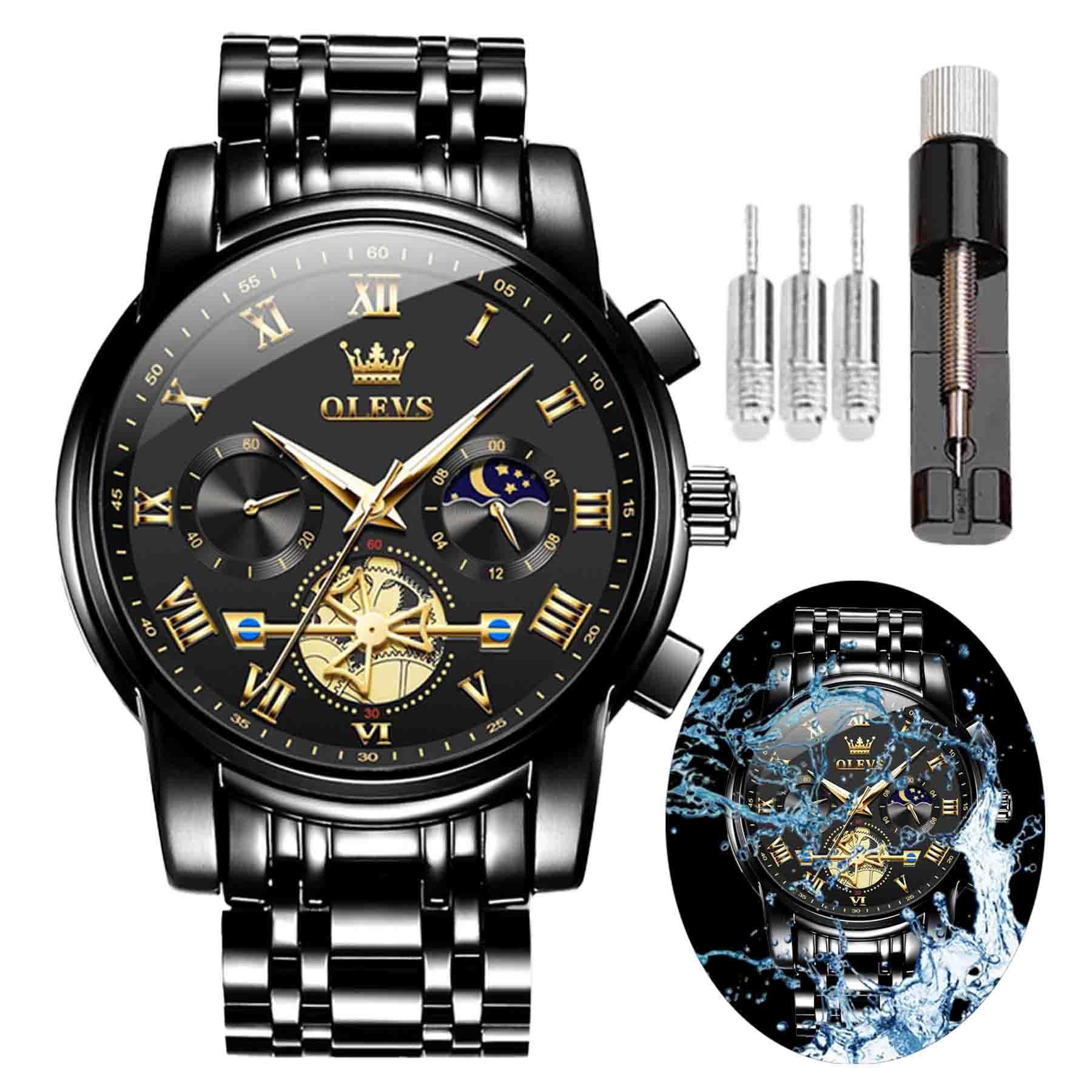 OLEVS Men's Watch Time Code Stainless Steel Strap Glow Waterproof Multi Functional Sub dial Watch Business Dress Quartz Round Watch ﻿ (IN-2859- Black Steel Black Face)