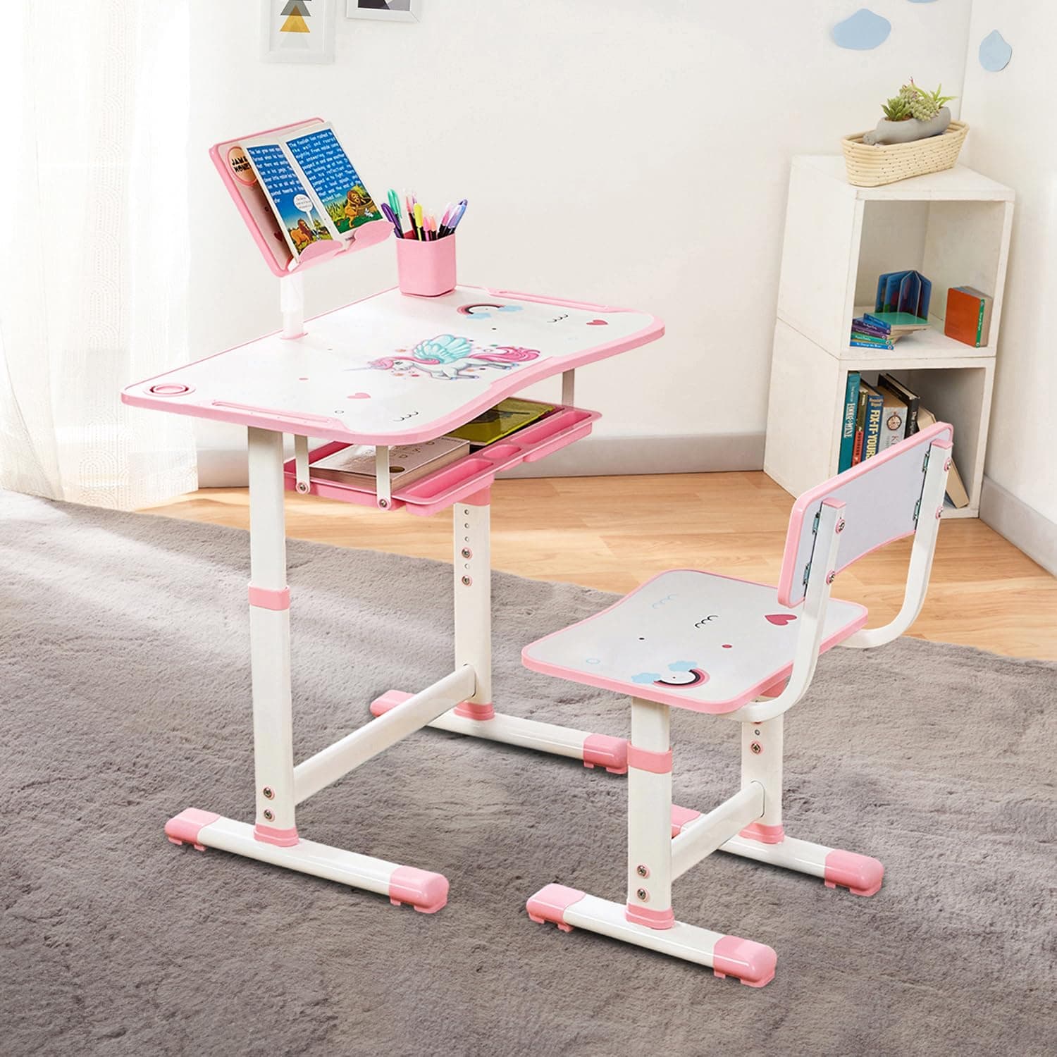 Amazon Brand -Jam & Honey Kids Functional Desk and Chair Set,Height Adjustable Children School Study Table with Book Holder Slot|Age 3+Years(Pink|Iron & Wood,H:35.5x40x32.5cm(chair) 63x43x69cm(table)