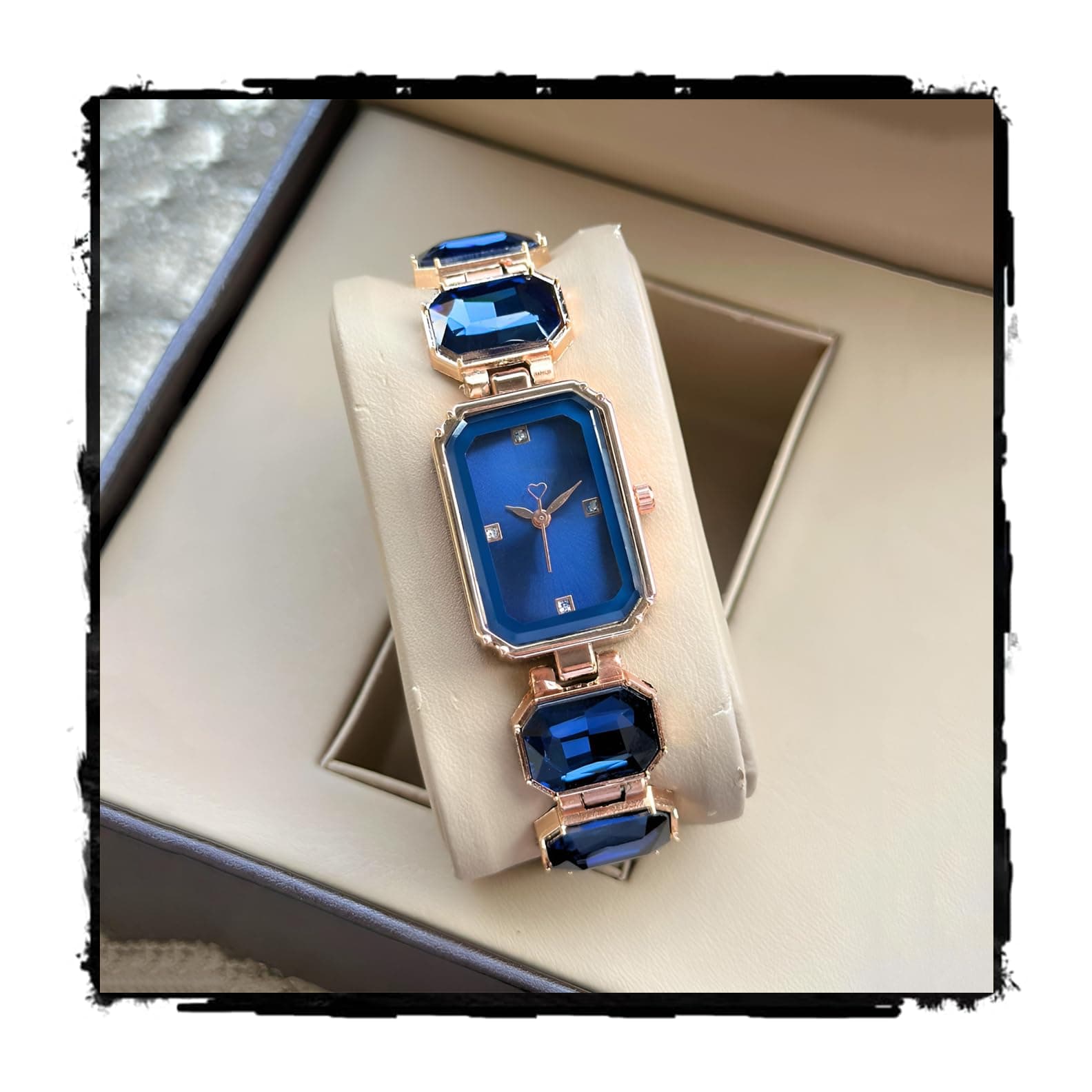 styledose Luxuria Women’s Rose Gold Analog Watch – Emerald-Cut Black Gemstone Bracelet Watch with Heart-Tipped Hands and Diamond-Studded Dial – Elegant Jewelry Watch for Girls & Ladies (Blue)