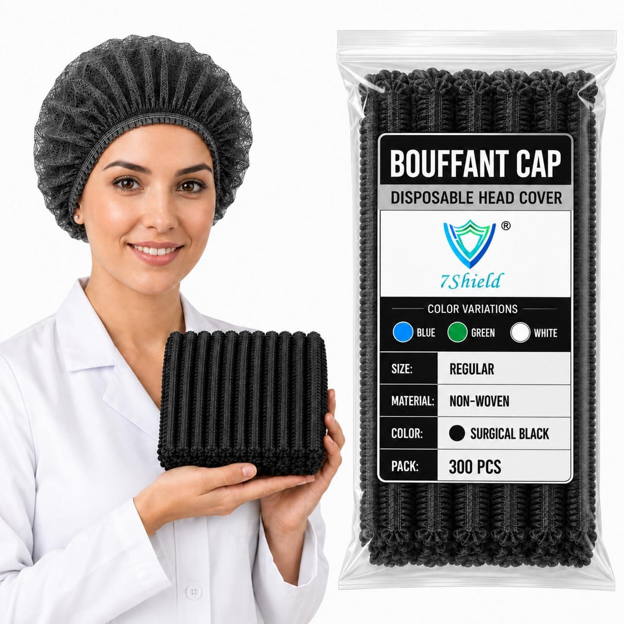 7Shield Disposable Bouffant Caps, Black Hair Cover with Elastic Band, Universal Fit, Salon and Kitchen Use, Bulk Pack (Black, 300pcs)