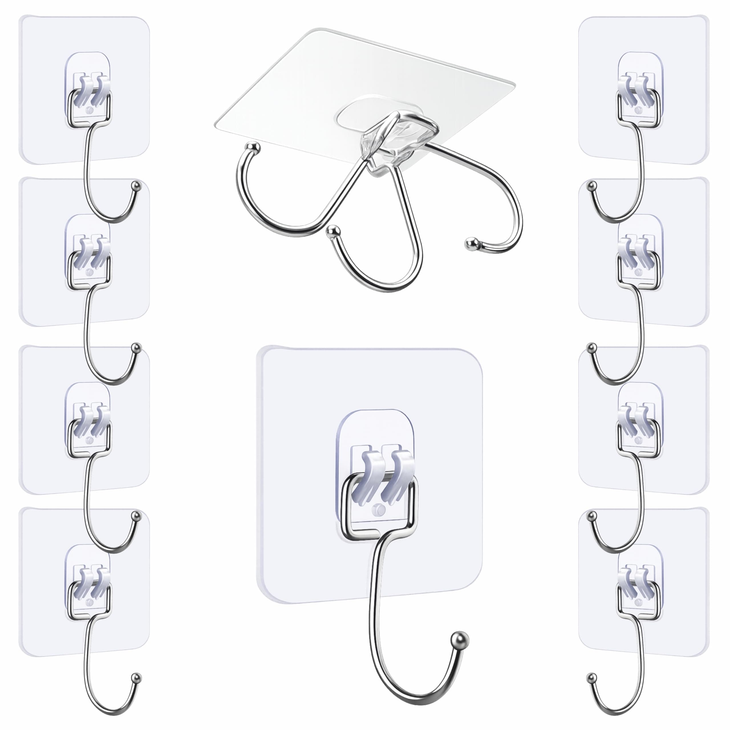 JIALTO 10 Pcs Heavy Duty Adhesive Big Hooks Set - Waterproof Stainless Steel Hooks for Bathroom, Kitchen, Home & Office - Rustproof Towel and Coat Hangers