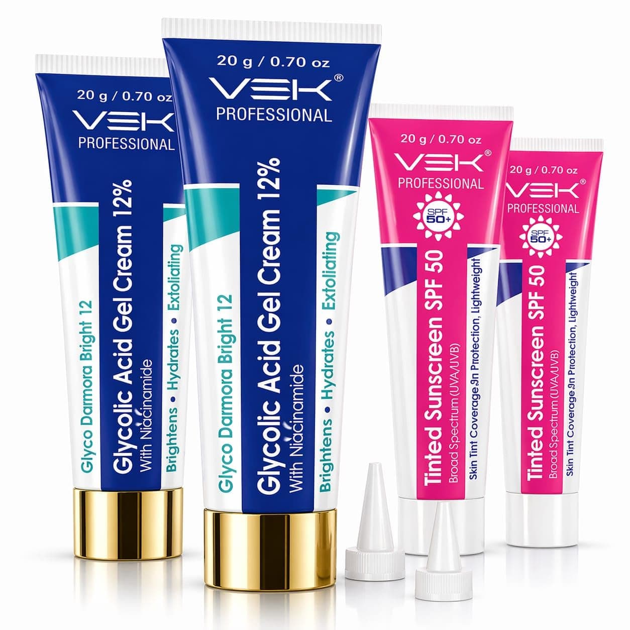 VSK Professionals12% Glycolic Acid Cream Gel for Brightning, Anti-Pigmentation & Melasma Acne, Pimples & Dark Spots | Unclogs Pores, Smooth Skin Care With PDRN SPF50 Sunscreen Combo | 4 Tubes 20g each (80grm)