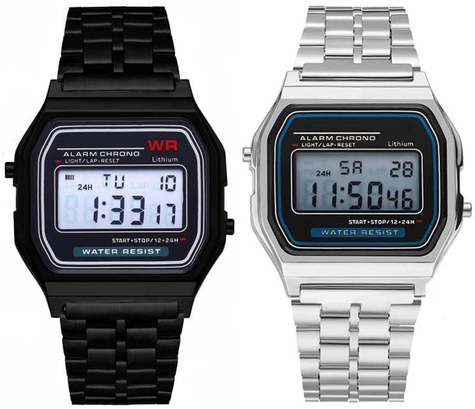 Acnos Brand 2 Combo Digital Black Silver Vintage Square Dial Unisex Water Resist Stainless Steel Watch for Men Women Pack of 2 (WR7