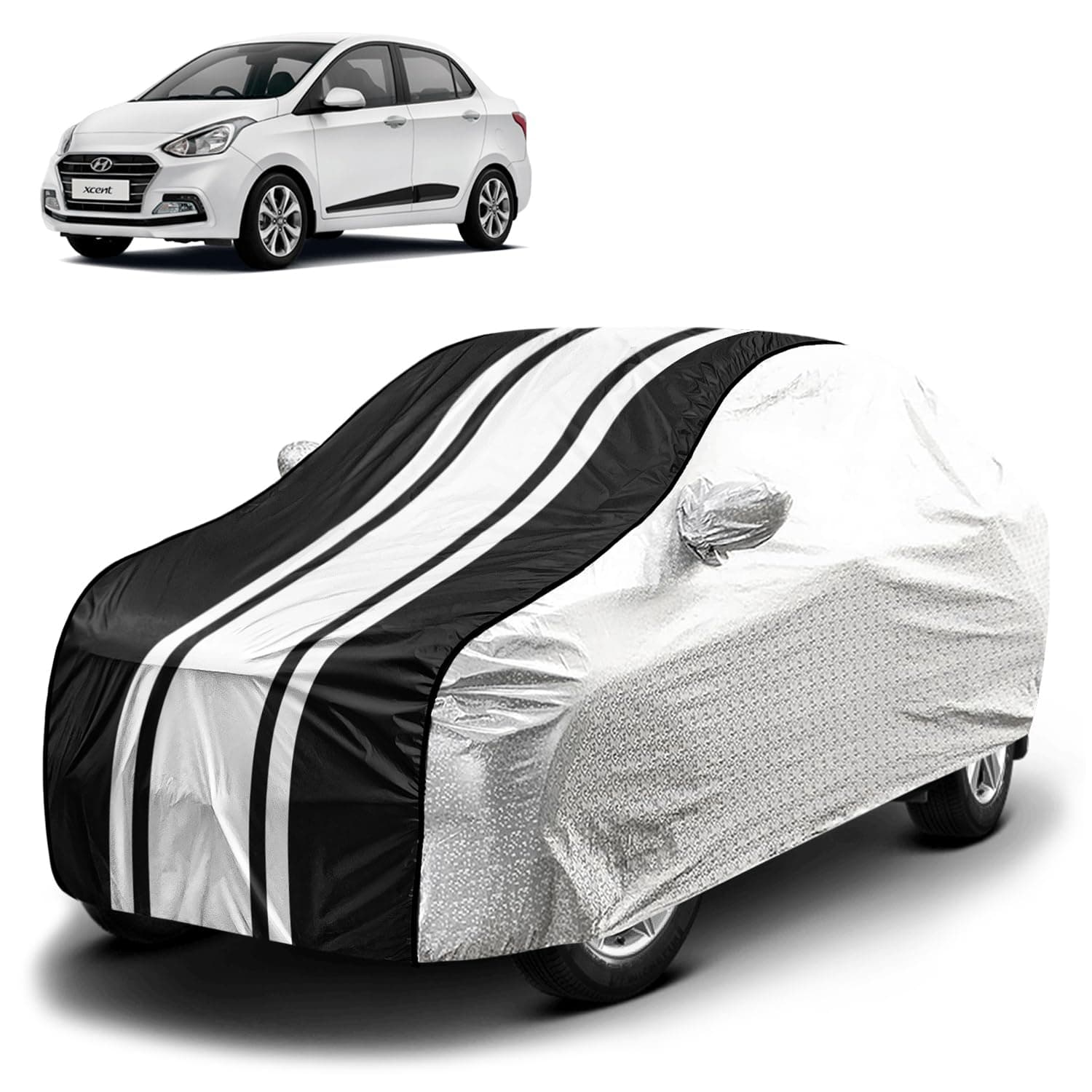 Fabtec Waterproof Car Body Cover for Hyundai Xcent with Mirror Pocket and Soft Cotton Lining, Bottom Elastic, Triple Stitched (Metallic Silver with Black Stripes) (No Antenna Pocket)