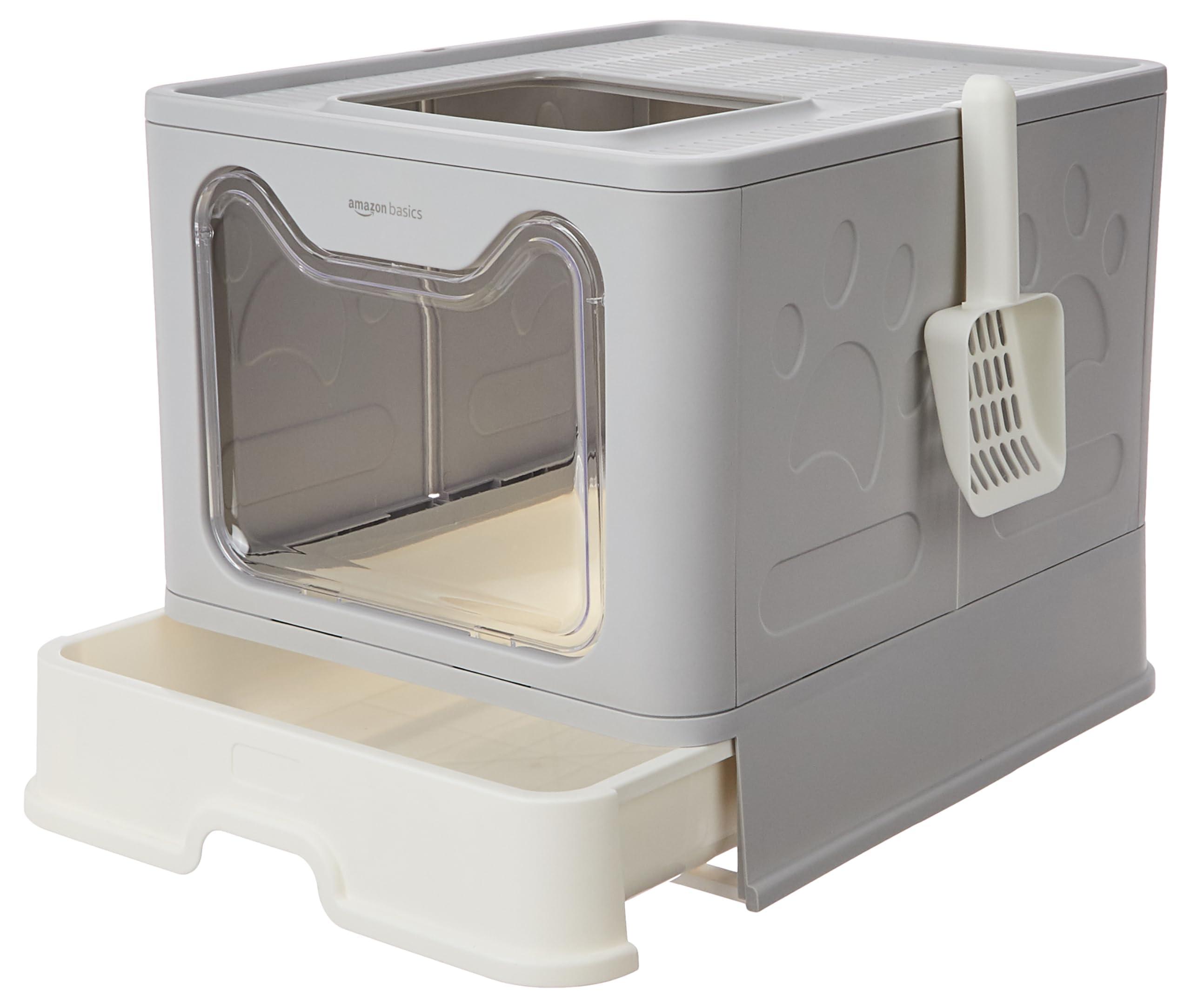 Amazon Basics Foldable Covered Cat Litter Box with Anti-Spill Tray | Easy Cleaning | Spacious Design | Top and Side Openings | White | 44L x 41w x 38H cm