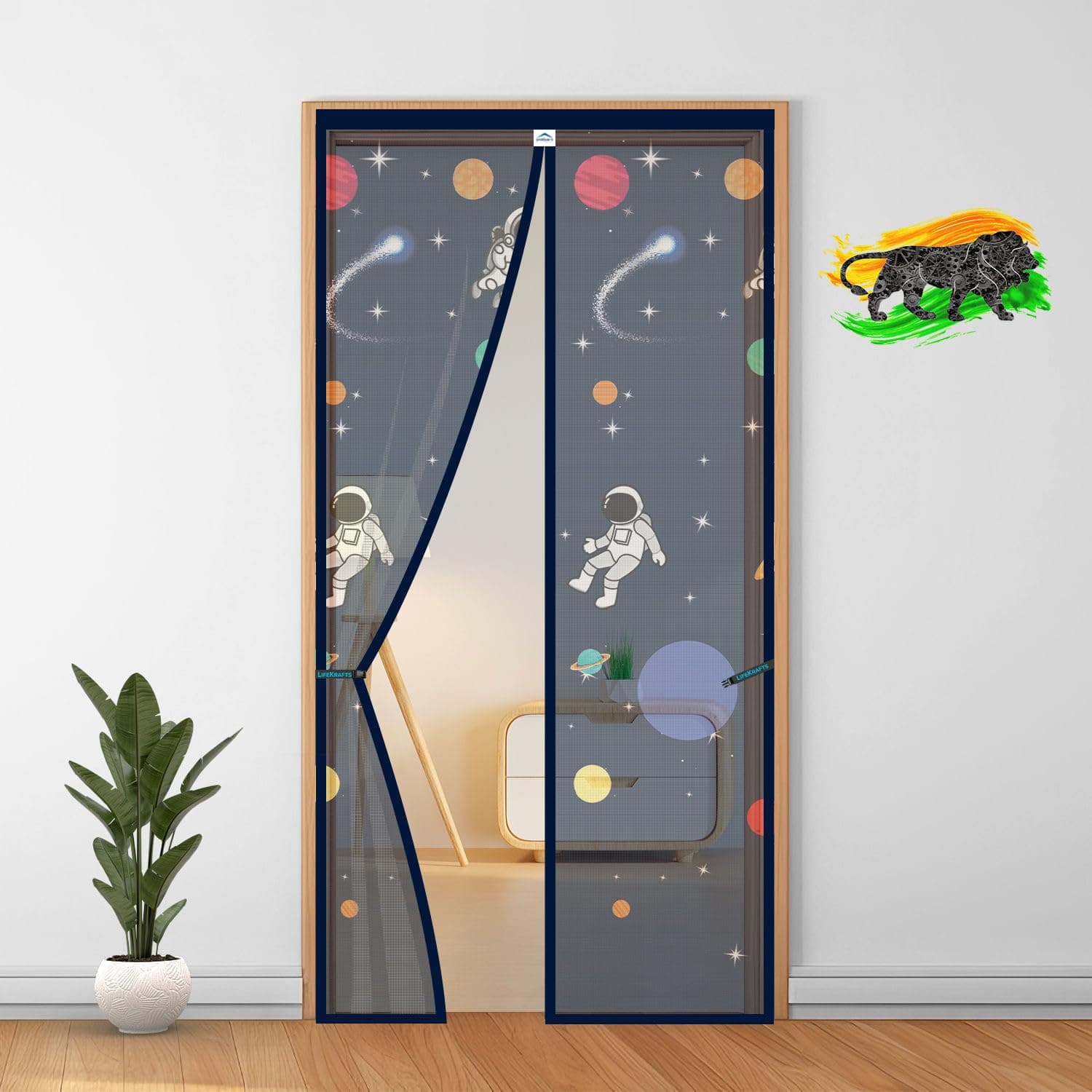 LifeKrafts Polyester Door Mosquito Net with Magnets | Color Planet Theme with Dark Blue Background | Mosquito Curtain for All Door Types and Sizes | Auto Close Insect Screen | Size 200 * 100cm