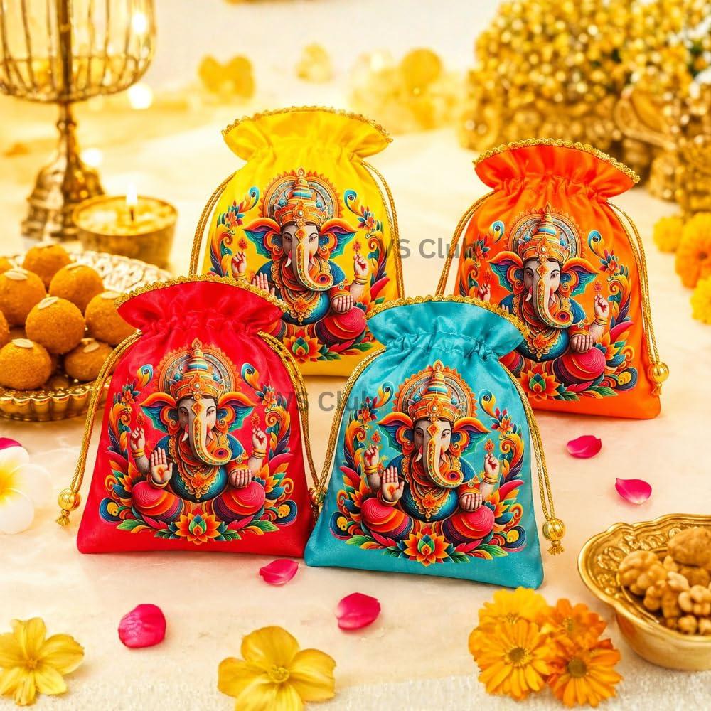 VS Club 5PCS. Ganesh Chaturthi Return Gift Potli Bags 8x10 Inch | Ganpati Ganesh Ji Cloth Dupion Silk Style Pouches for Prasad, Sweets, Pooja Favors, Idol Decoration, Home Decoration & Festive Gifting
