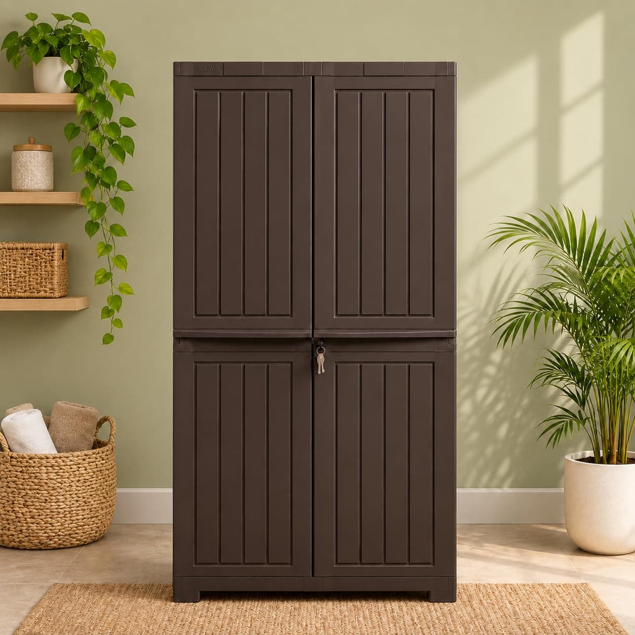 ARLAVYA 4.4 Ft x 2.1 Ft Storage Plastic Cupboard | 1 Year Warranty | Free Standing Cabinet | (Finish Color - Brown, Door Type- Hinged, DIY(Do-It-Yourself)) | (3 Shelf)
