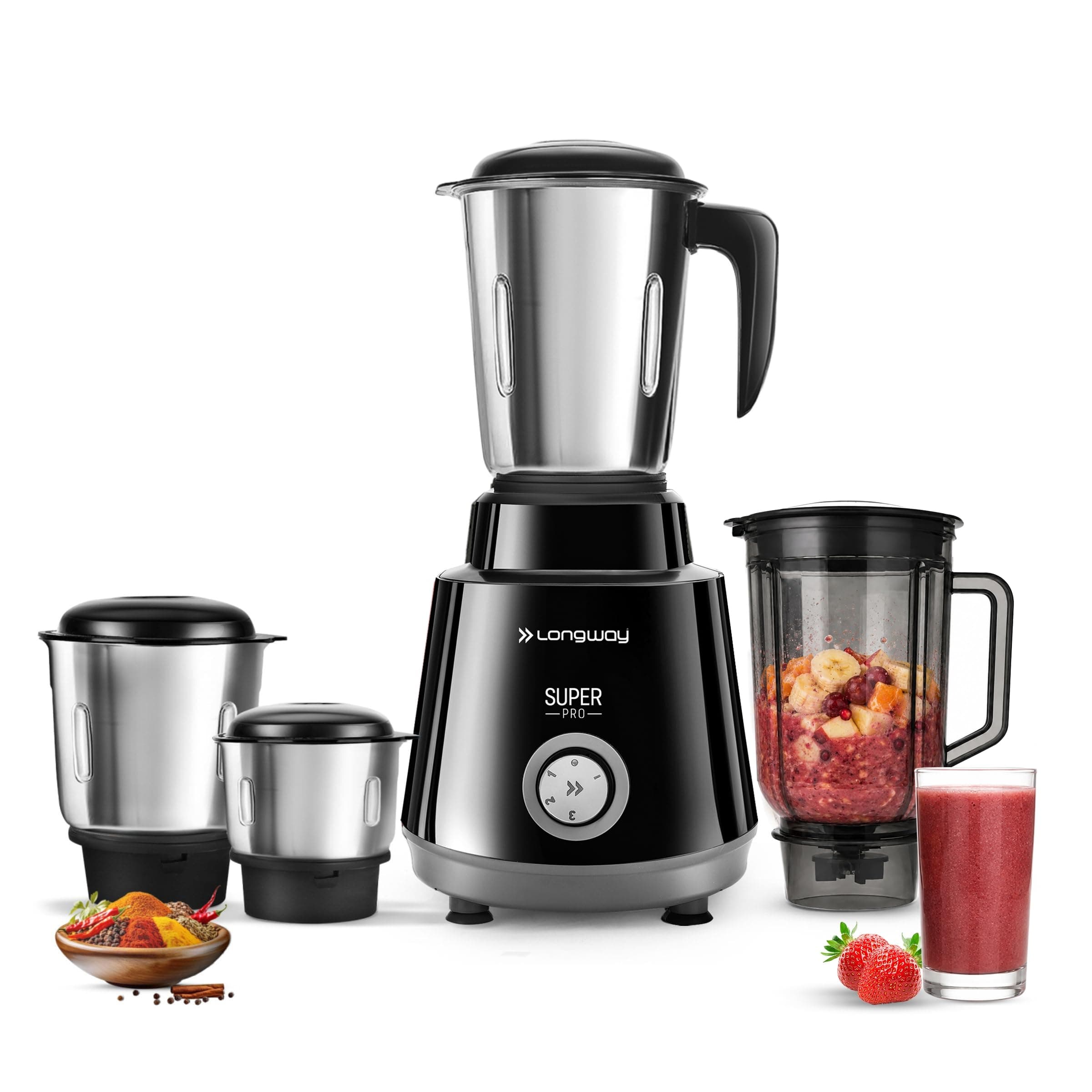 Longway Super Pro Juicer Mixer Grinder | Up to 750W Max Output Powerful Motor | 4 Jars for Grinding, Mixing, Juicing | 2 Years Warranty (Black & Gray)