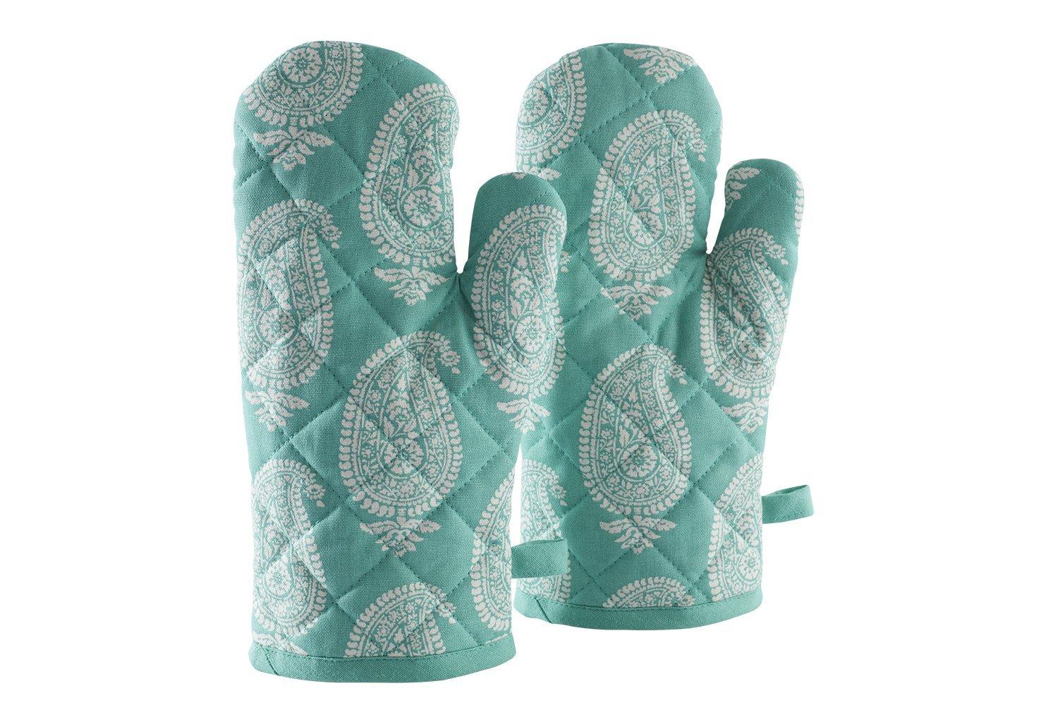 AmazonBrand - Solimo 100% Cotton Padded Oven Gloves Paisley, (Pack of 2, Blue)