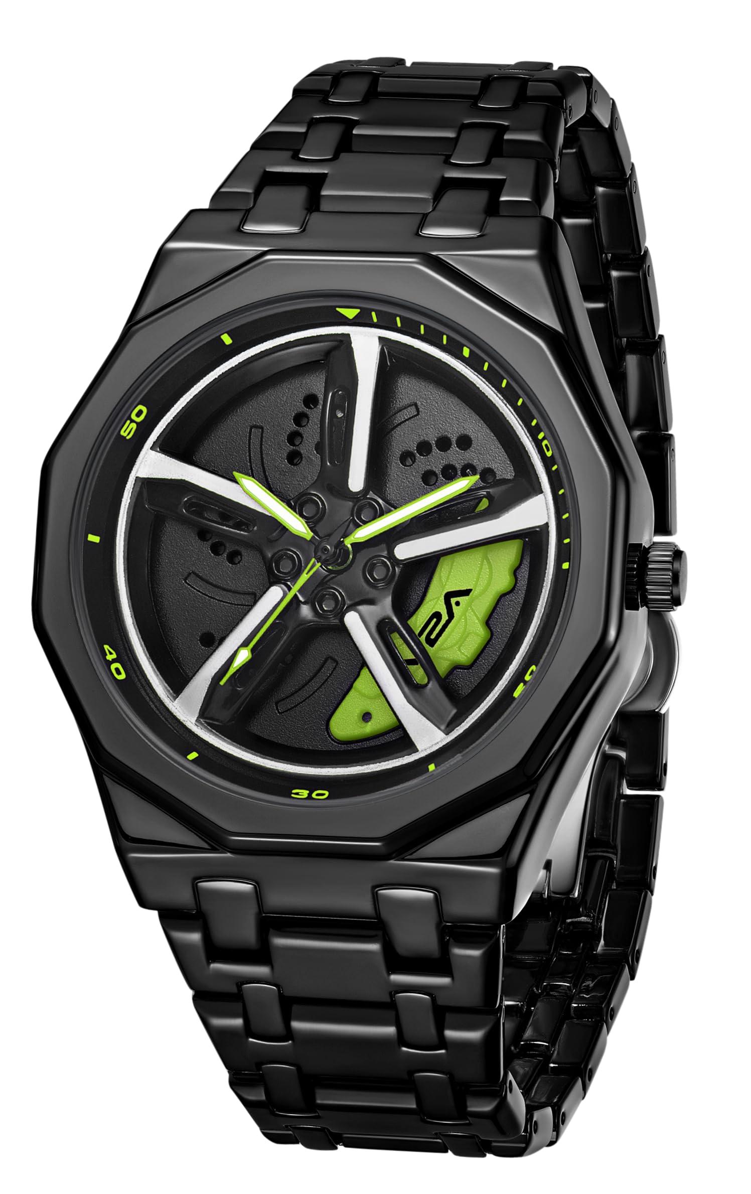 V2A Vortex Men's Spinning Car Wheels Watch for Men– Octagonal Alloy Case with Stainless Steel Band | Analog Timepiece | Bold Sports Watch for Car Enthusiasts in Black-Green