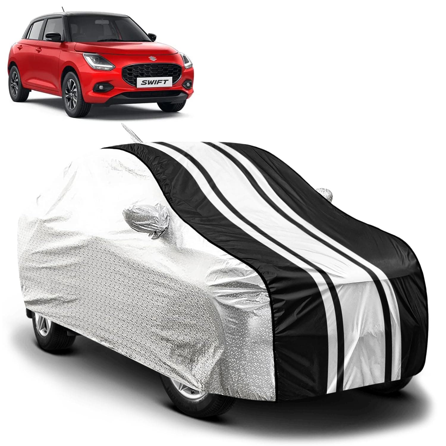 Fabtec Waterproof Car Body Cover for Maruti Swift New 2024 with Mirror and Antenna Pocket, Soft Cotton Lining, Bottom Elastic, Triple Stitched (Metallic Silver with Black Stripes)