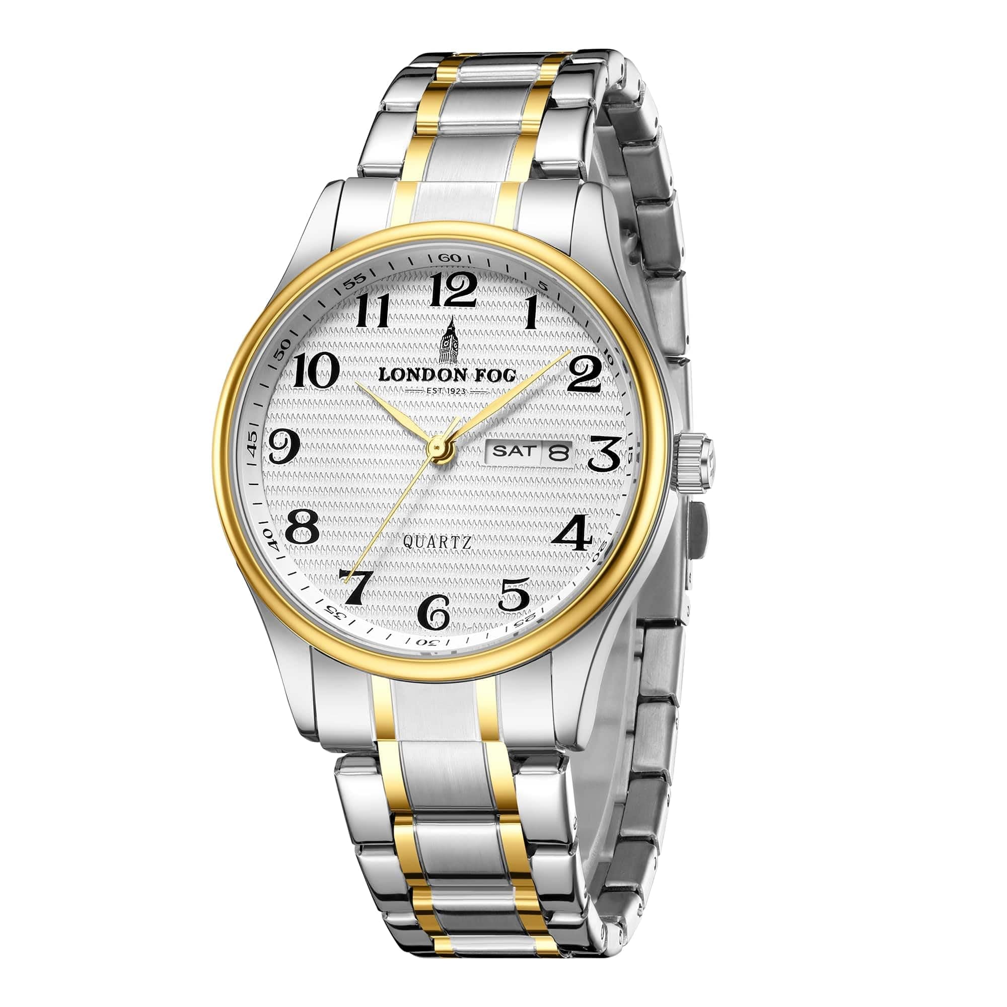 London Fog Carnaby Collection Analog Quartz Watch for Men with White Round Dial, Two Tone Silver & Gold Stainless Steel Strap and Day & Date Display - LFM10008-22