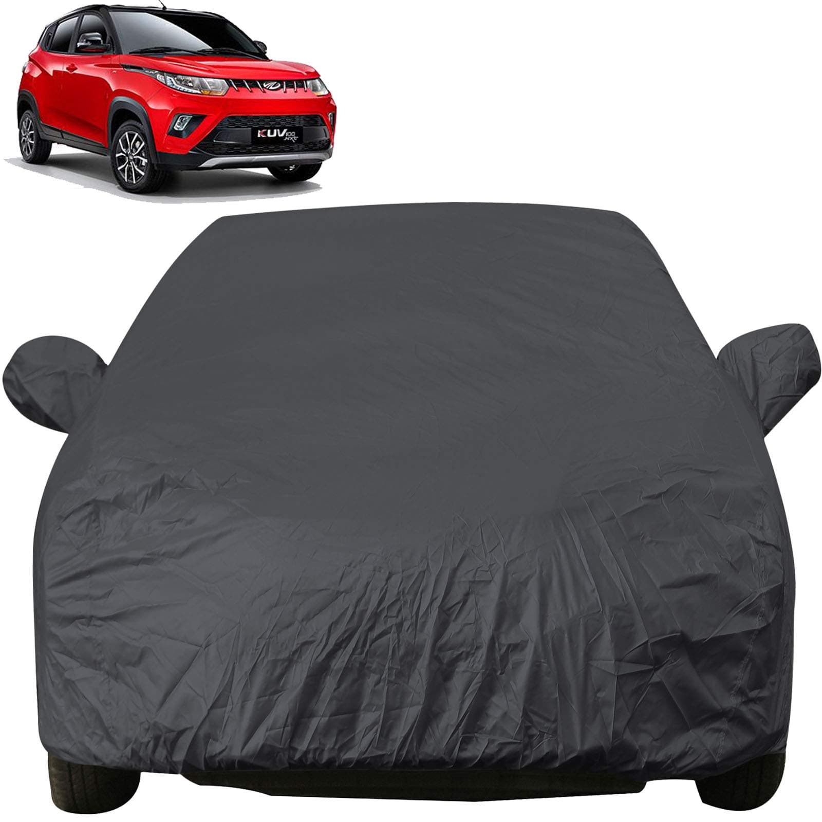 Autofact Car Body Cover with Mirror Pockets Compatible for Mahindra KUV100 (Triple Stitched, Bottom Fully Elastic, Black Color)