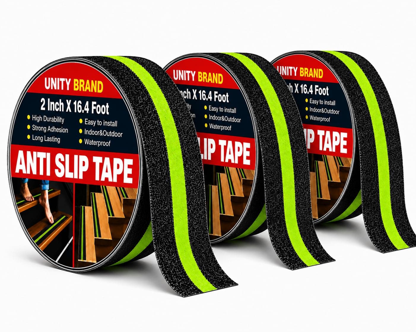 Unity Brand Pack OF 3 Anti Slip Grip Tape Non-Slip Traction Tapes With Glow In The Dark Reduce The Risk Of Slipping For Indoor Or Outdoor Stair Tread Step, Other Slippery Surfaces 2 Inch X16.4 Foot