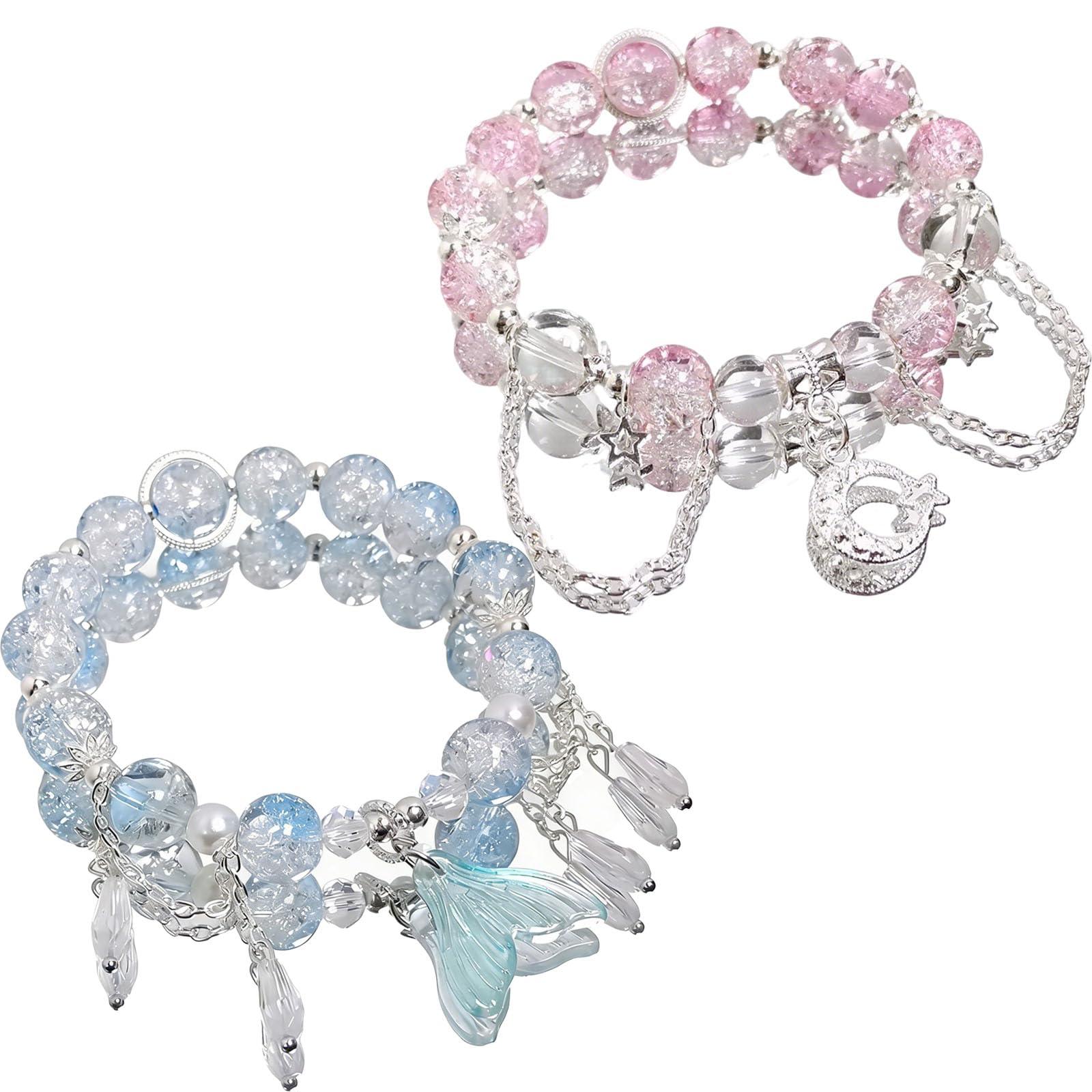 YFXXEEA 2Pcs Bracelet for Girls Stylish, Crystal Fish Tail and Moon Bracelets, Cute Beaded Bracelet for Kids and Girls, Ideal for Birthday Gifts, Friendship Day, Party Accessories, Pink and Blue