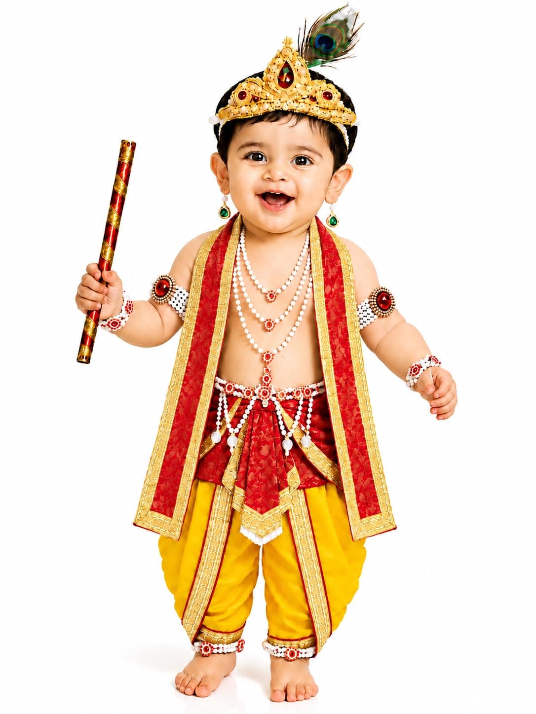 AKSHUNNA Kids Krishna Fancy Dress Costume | Complete Kit with Mukut, Flute, Peacock Feather & Accessories