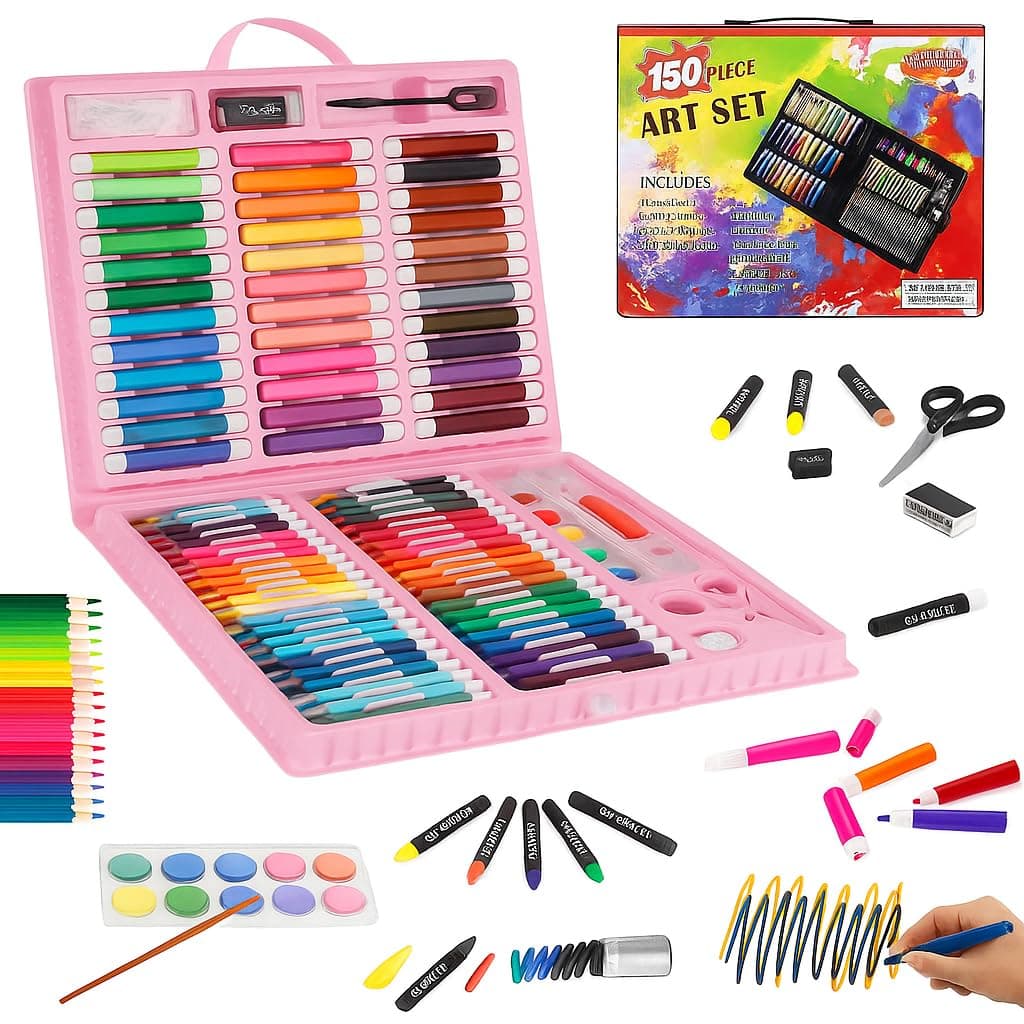 WISHKEY 150 Pieces Art Set for Kids with Case, Art and Craft Supplies Kit for Drawing and Painting, Color Set with Markers, Water Colors, Brush, Color Pencils, Crayons (Pack of 1, Pink)