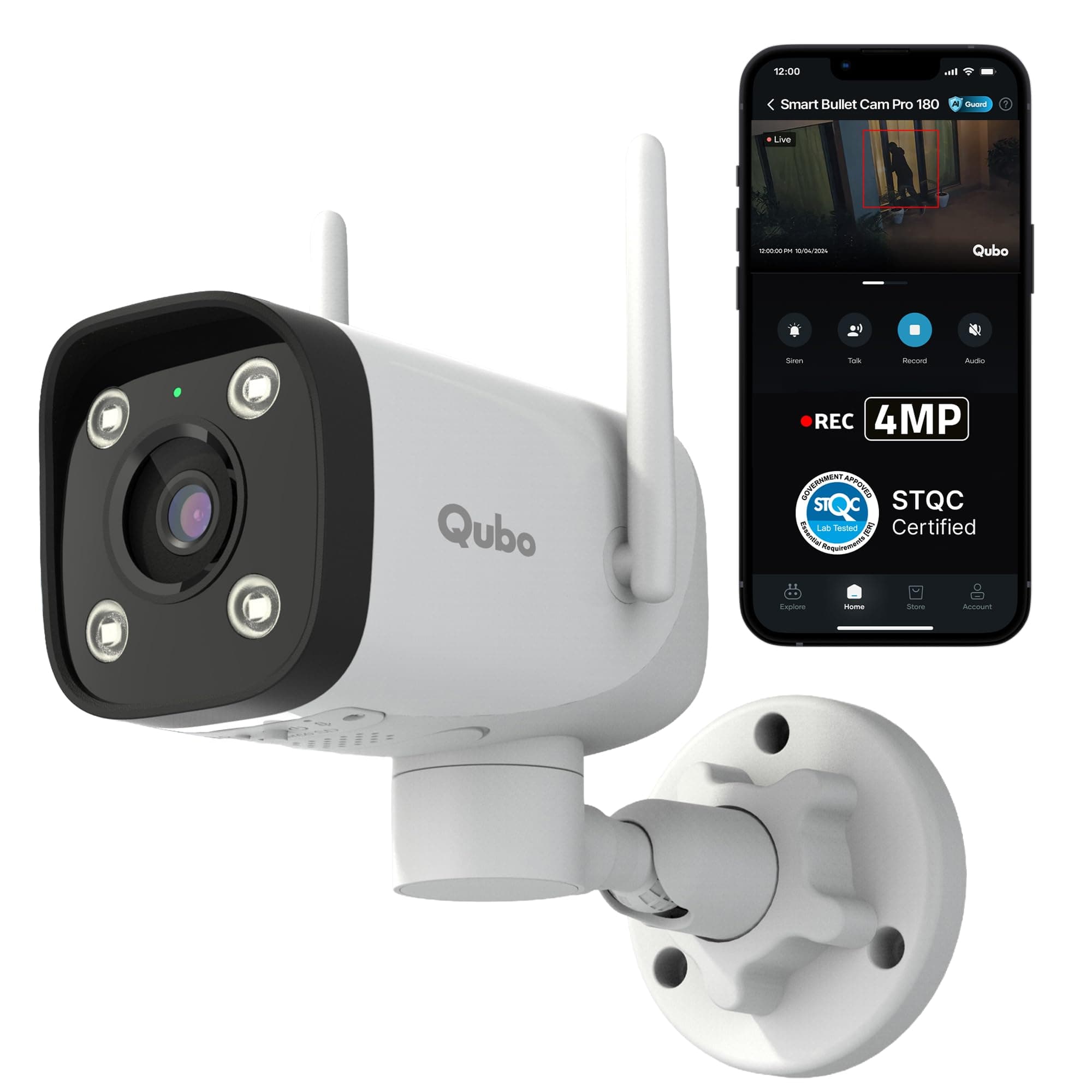 Qubo Smart Bullet Cam Pro 180° 4MP | No SD Card Required, Records Directly on Cloud | STQC Certified | AI Person Detection | Automatic Alarm & Spotlight | Dual Night Vision | IP66 Rating