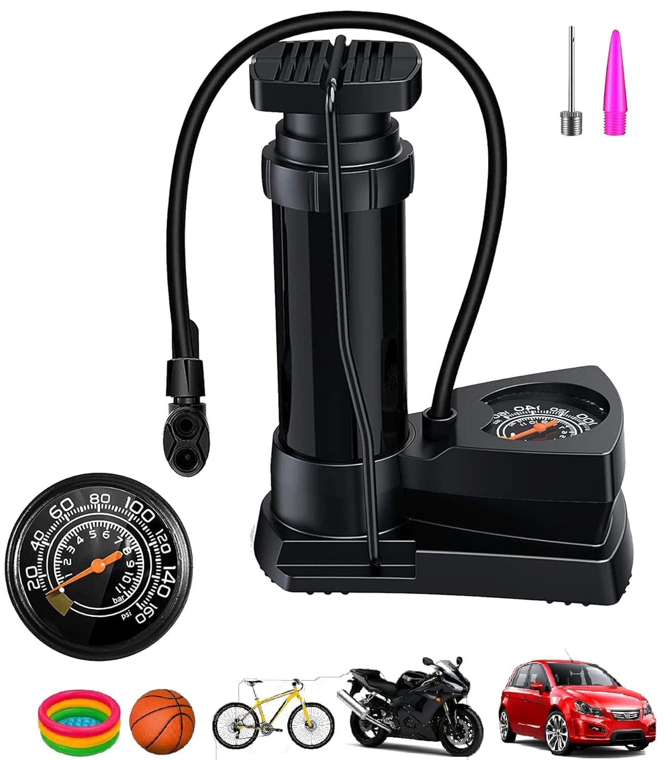 VHOI Bike Car Cycle Tyre Air Pump Portable Activated High Pressure Mini Foot Floor Pump with Pressure Gauge Lightweight for Roadtrip Motorbikes, Car, Bicycle, Football and Air Mattress Tubeless