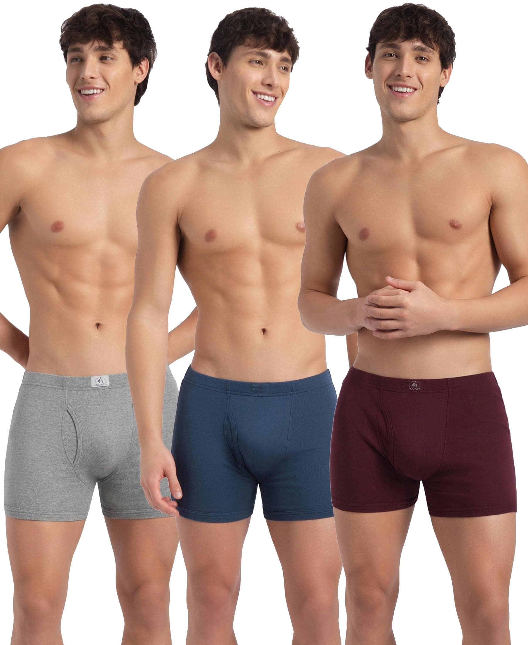 Jockey 8008 Men's Super Combed Cotton Rib Solid Boxer Brief with Ultrasoft and Durable Waistband (Pack of 3)_Grey Melange, Port Royale & Dark Denim_L