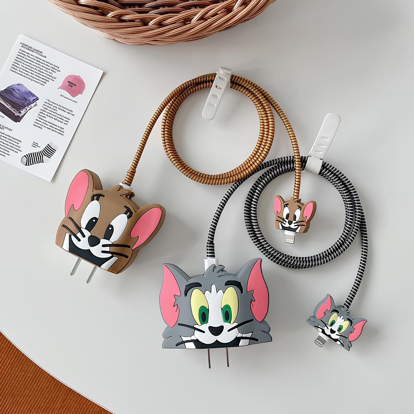 skysia® Charger Protector Case – 4-in-1 Silicone Cable Protector, Cute Design, Multi-Color Combo, for 18W-20W iPhone Adapters, 2-Pack (Tom & Jerry)