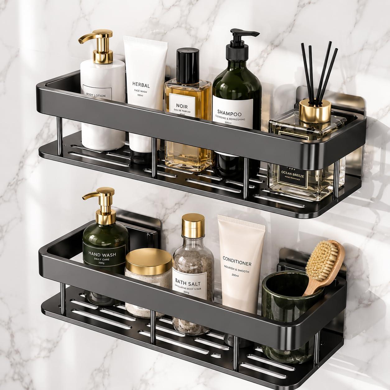 Niwlix Self Adhesive Bathroom Organiser Without Drill Accessories Set | Wall Mounted Bathroom Shelves | Aluminum Bathroom Organizer Rack for Bathroom Accessories (Black)