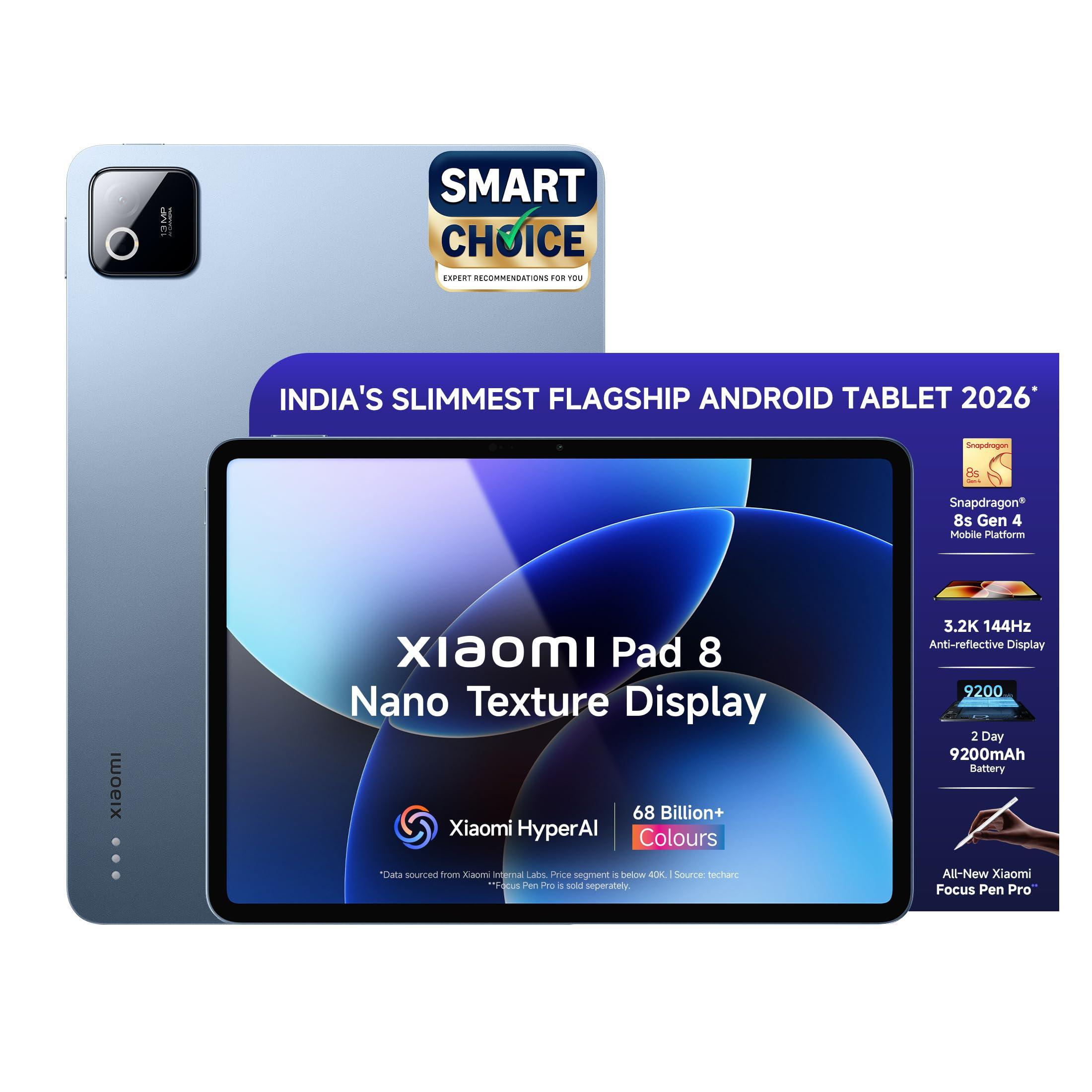 XIAOMI Pad 8 Nano Texture Display [Smartchoice] Flagship Snapdragon 8s Gen 4 |11.2" 3.2K | 12GB, 256GB | Anti-Reflective | Ultra Slim Metal Design | 9200mAh Battery HyperAI | Wi-Fi 7 | Titanium Blue
